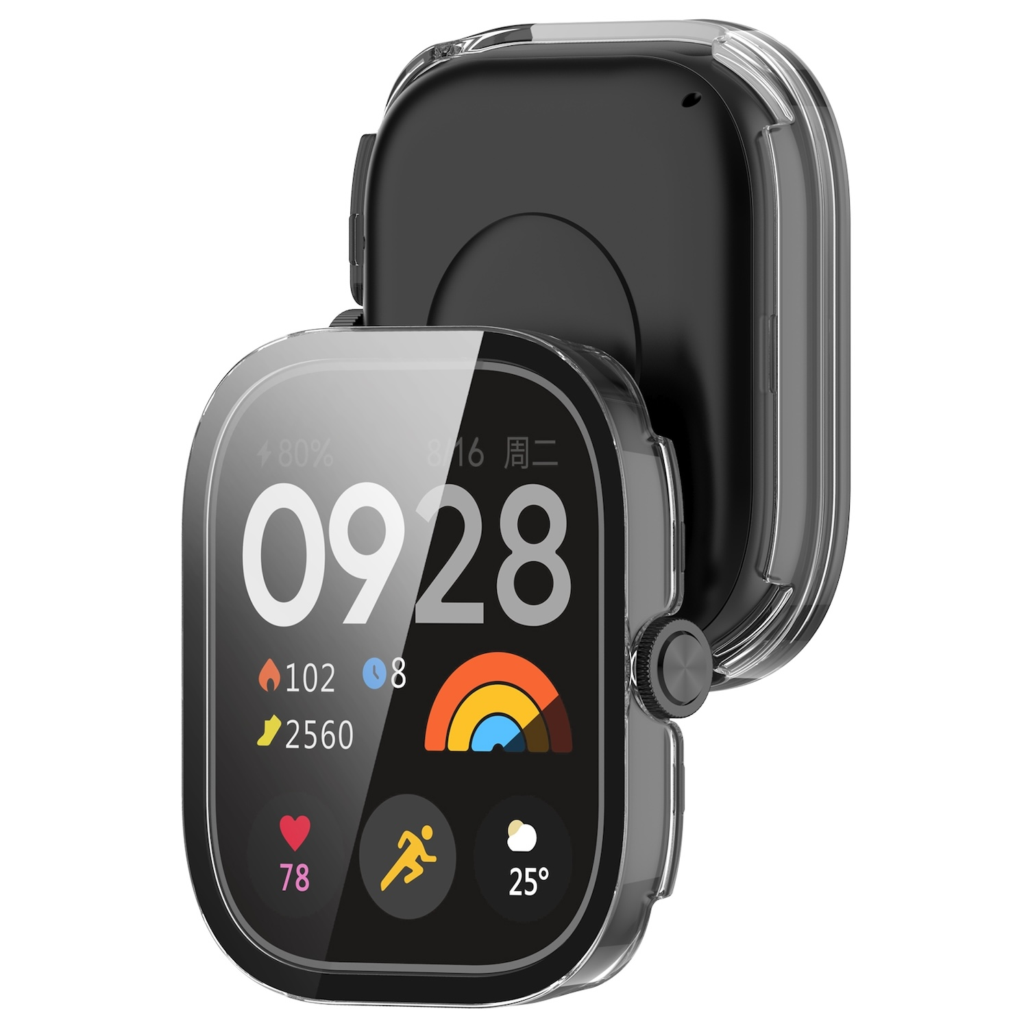 Eine Smartwatch mit transparentem Gehäuse, die Zeit und Gesundheitsdaten anzeigt.