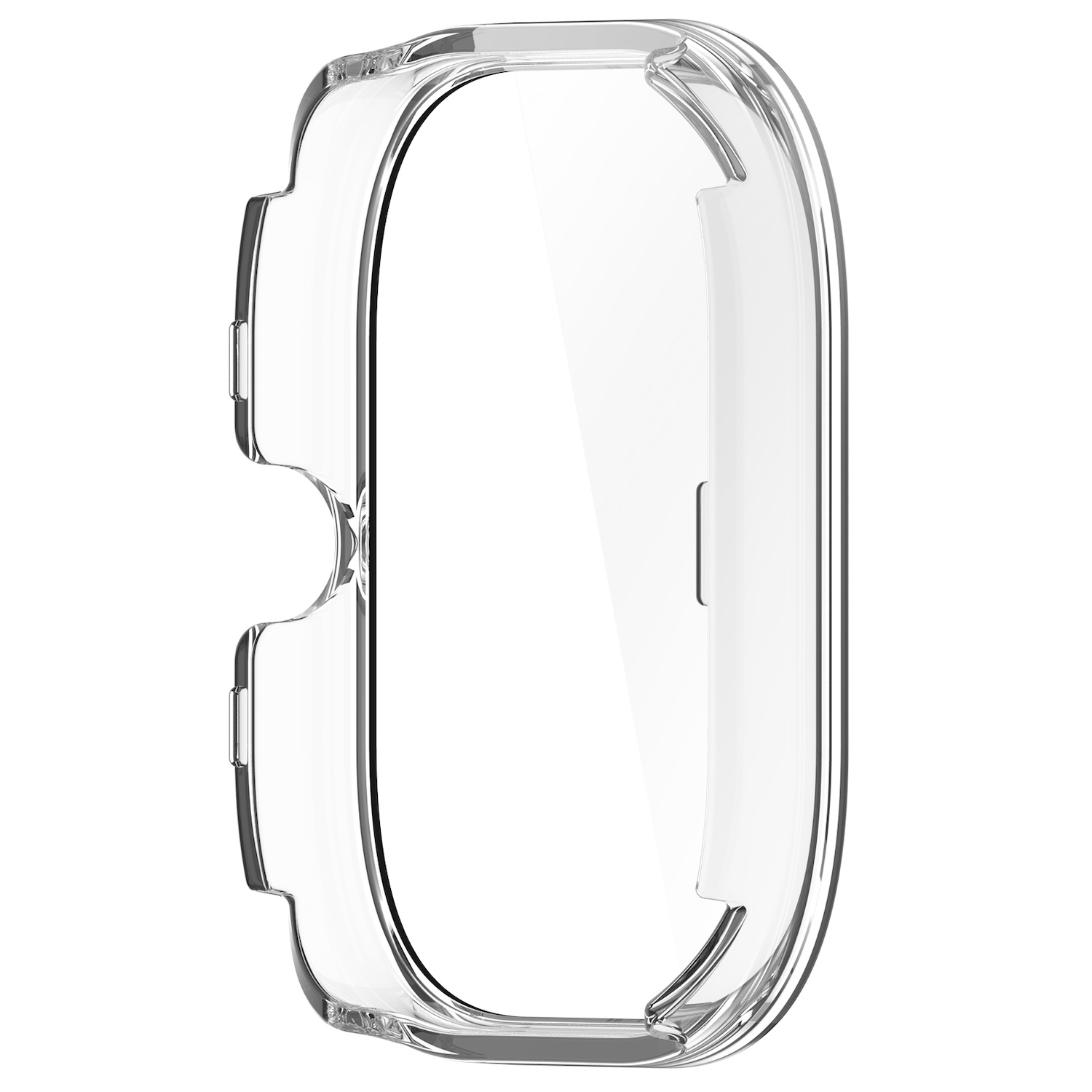 Transparente Schutzhülle für eine Smartwatch, transparent, zeigt die Form der Uhr.