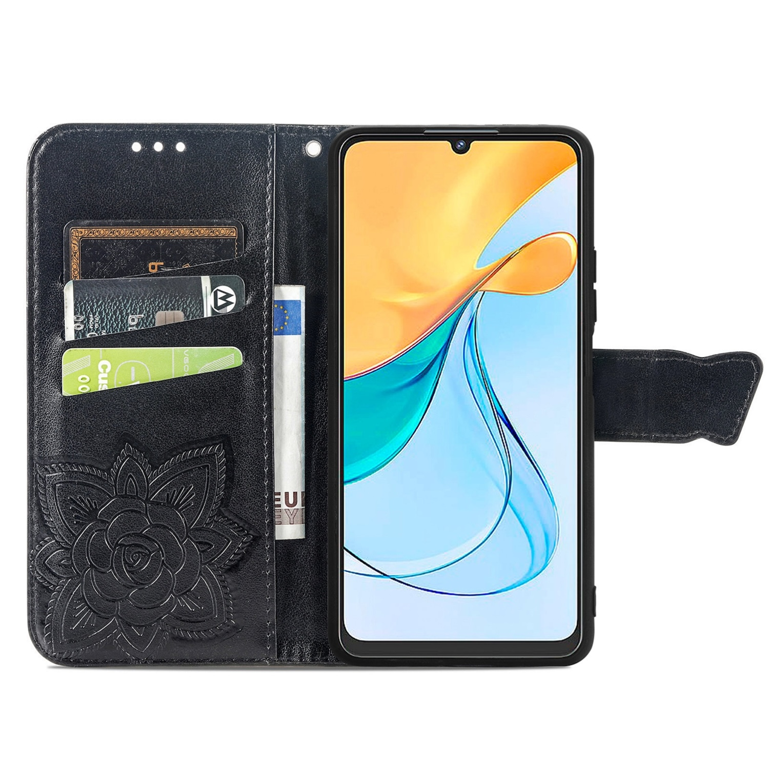 Eine schwarze Handyhülle mit floralem Design, mit Telefon und Karten.