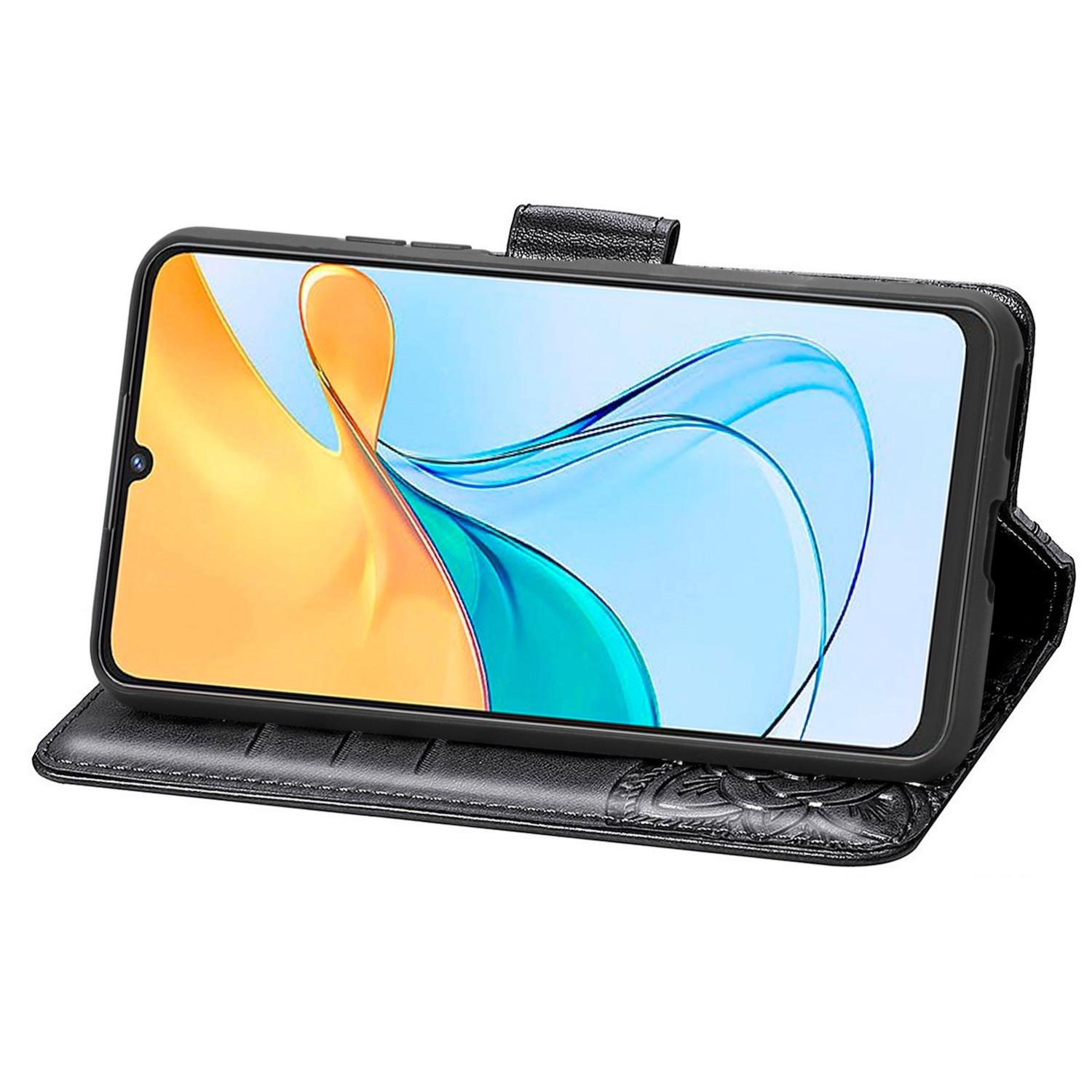 Schwarzes Telefon in einer schwarzen Ledertasche ist geöffnet.
