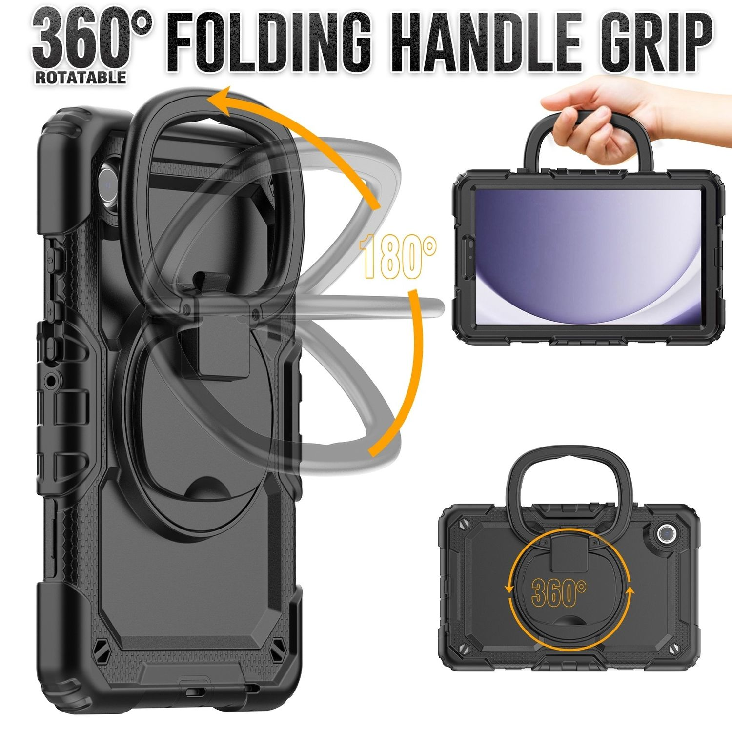 Schwarze Tablethülle mit Griff. Tablet im Inneren, Griff gefaltet. 360-Grad-Drehung. Weißer Hintergrund.