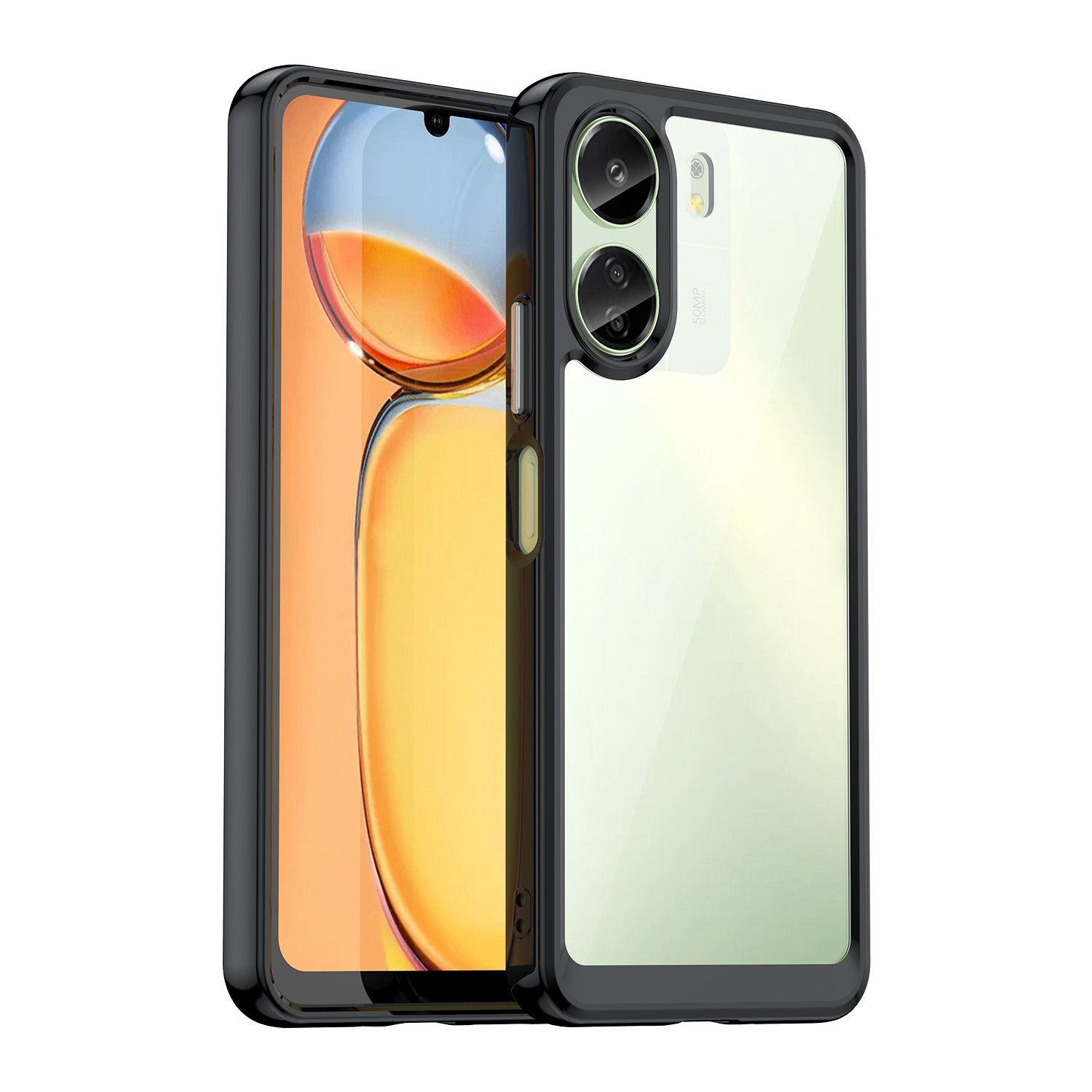 Ein Telefon in einer Hülle. Das Telefon befindet sich auf weißem Hintergrund. Die Hülle ist hinten transparent.