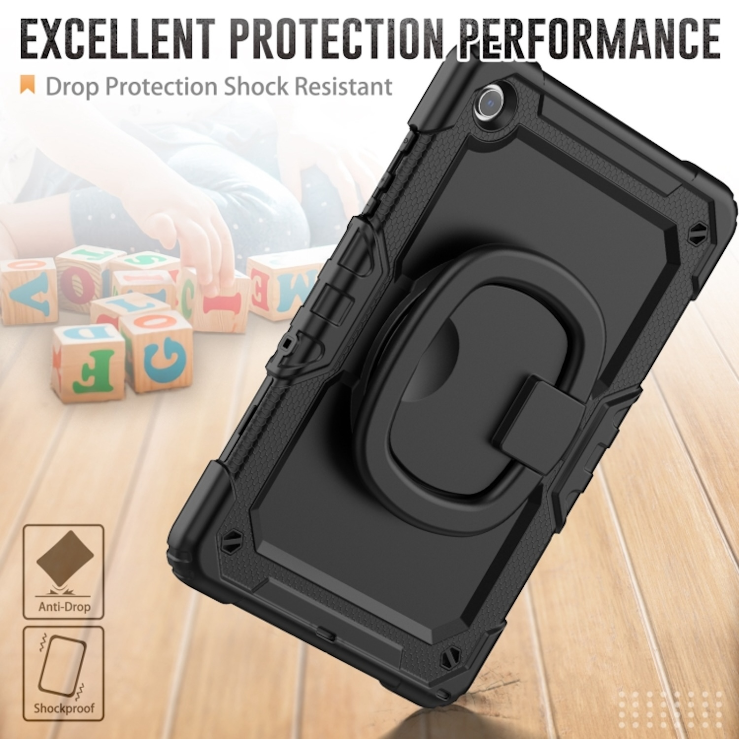 Schwarze Tablet-Hülle mit Ringhalterung. Die Hülle hat Anti-Drop- und stoßfeste Symbole.