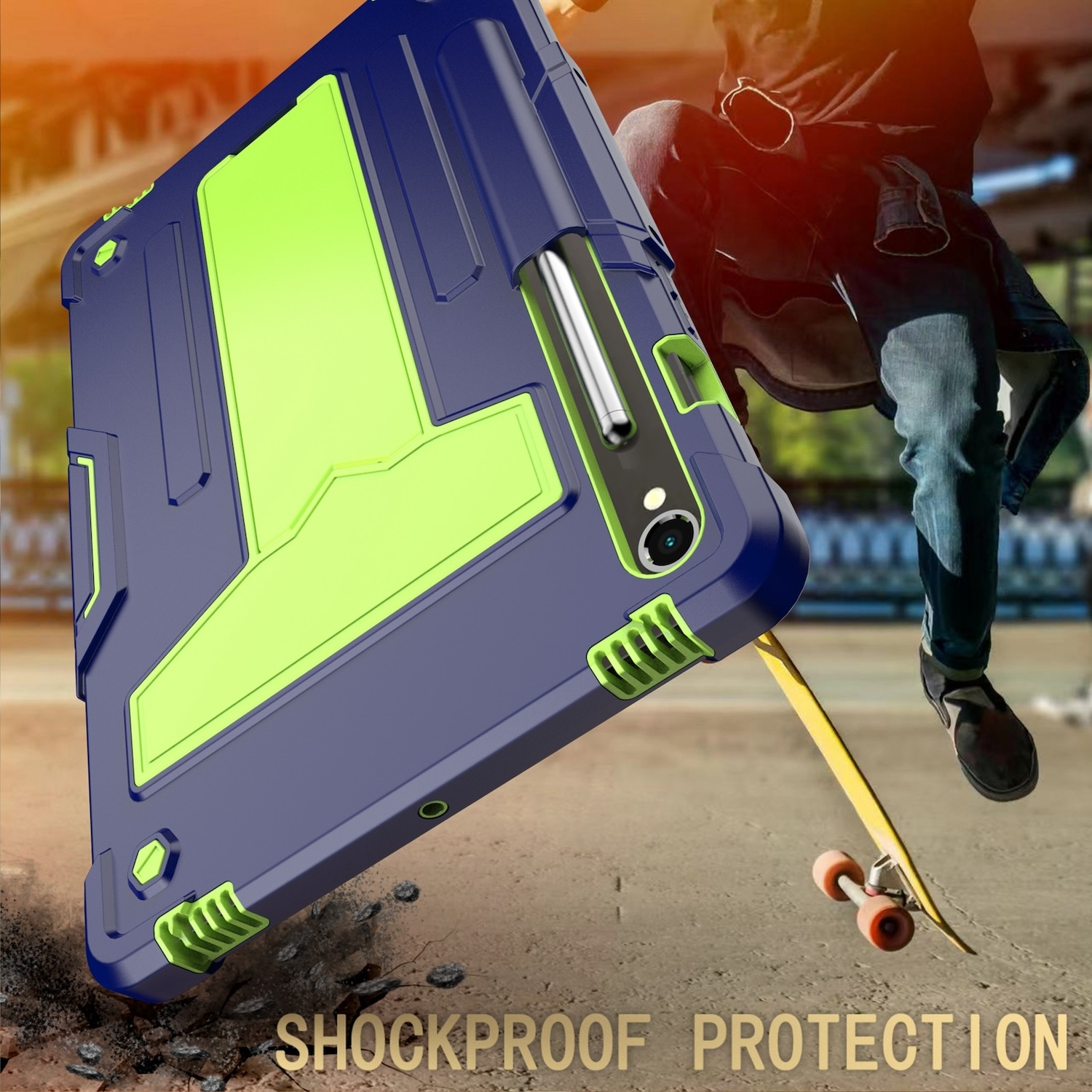 Blaue und grüne Tablet-Hülle. Mann auf dem Skateboard im Hintergrund.