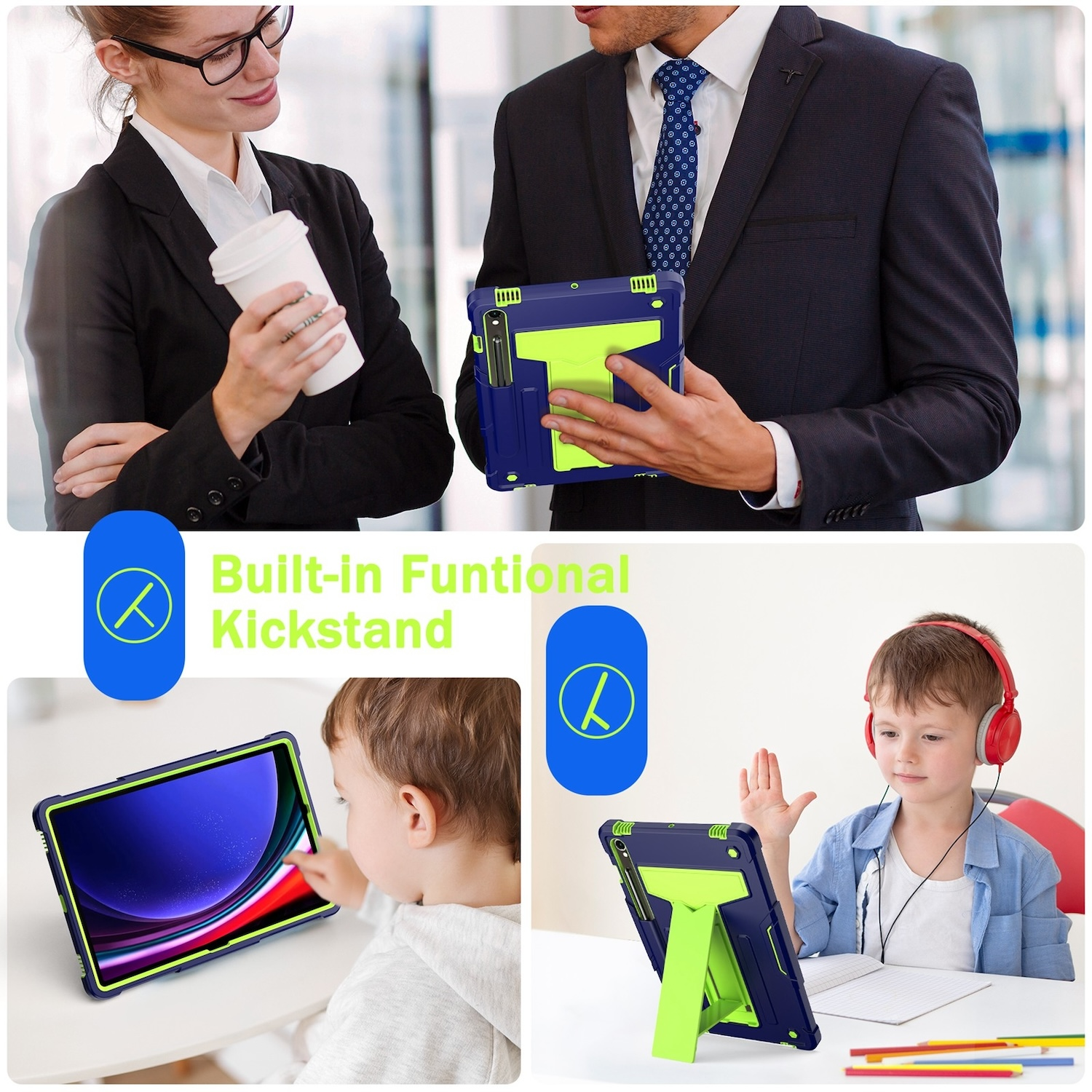 Leute benutzen ein Tablet. Das Tablet befindet sich in einer blau-grünen Hülle. Der eingebaute Ständer ist sichtbar.