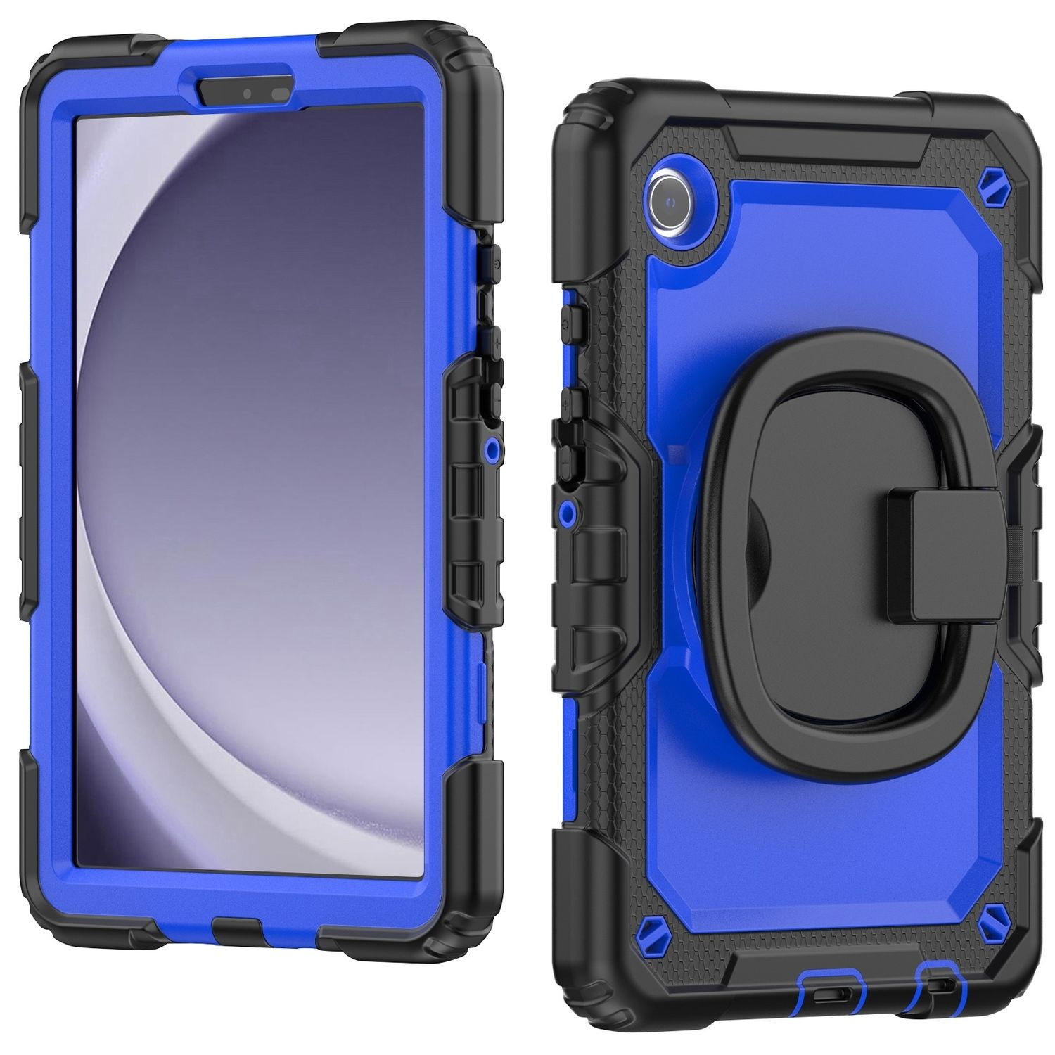 Tablet in einer blau-schwarzen Schutzhülle. Seitenansicht und Rückansicht mit Ringgriff.