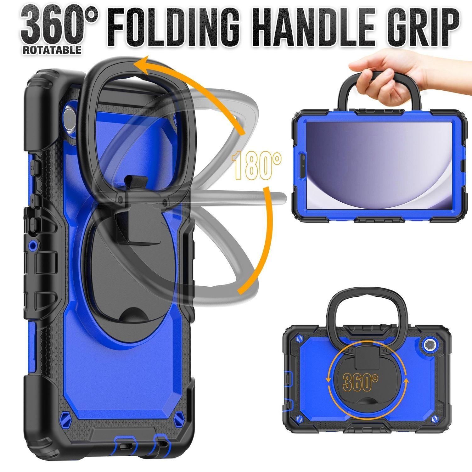 Blaue und schwarze Tablet-Hülle mit Klappgriff und 360-Grad-Drehring.