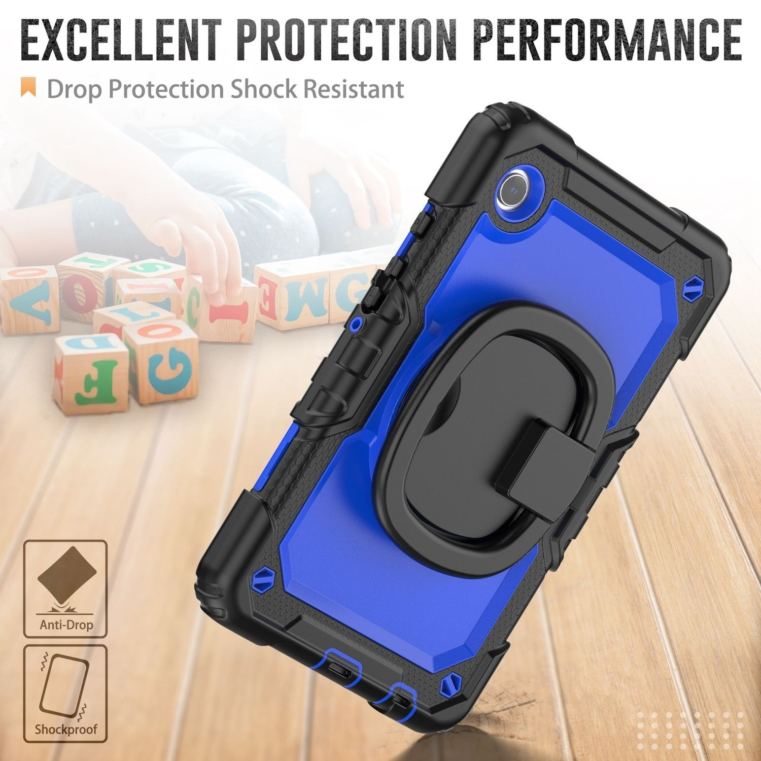 Eine blau-schwarze Tablethülle mit Ringständer und den Worten "Excellent Protection Performance".