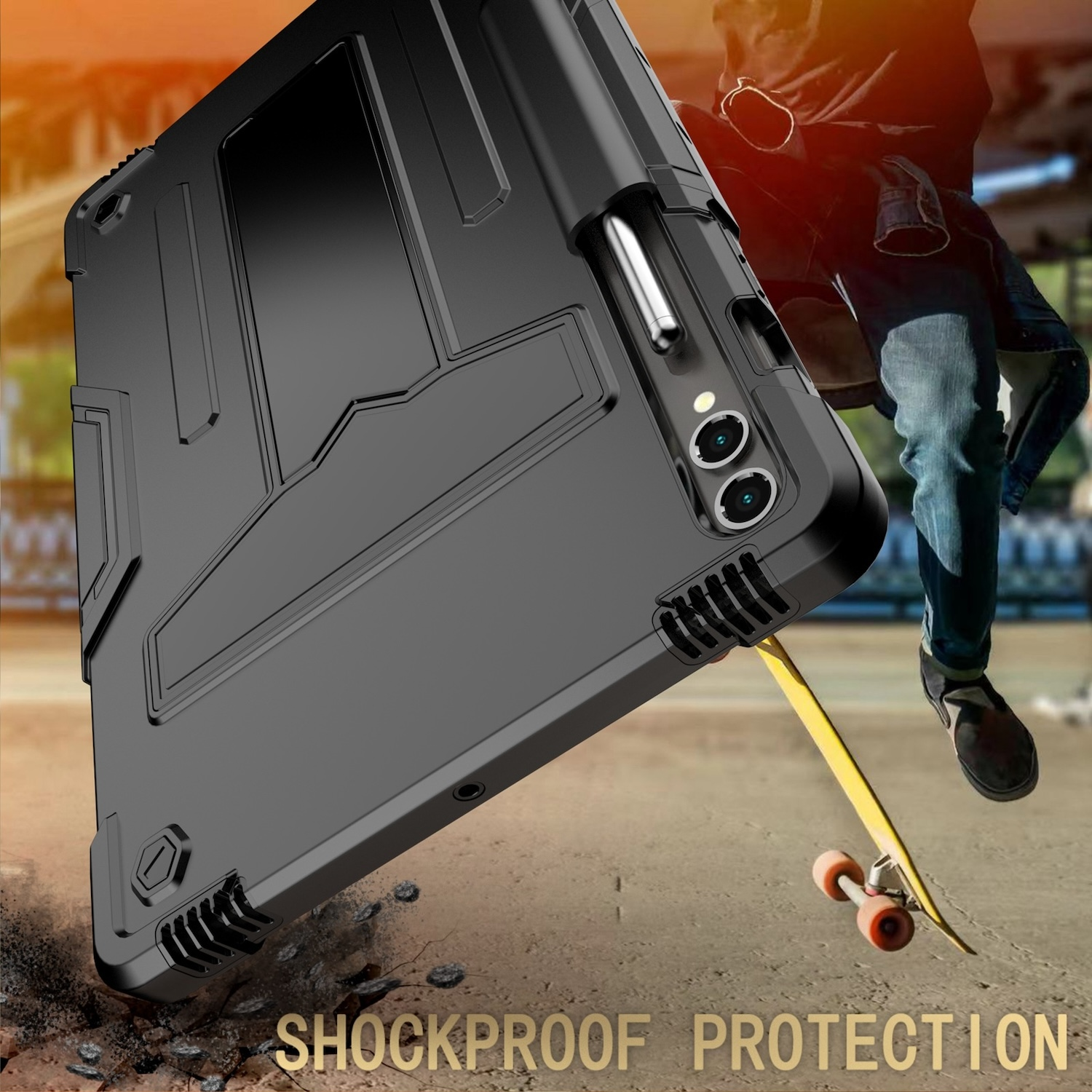 Eine schwarze Tablethülle mit einem Skateboard und einem Mann in Jeans. Text lautet 'SHOCKPROOF PROTECTION'.
