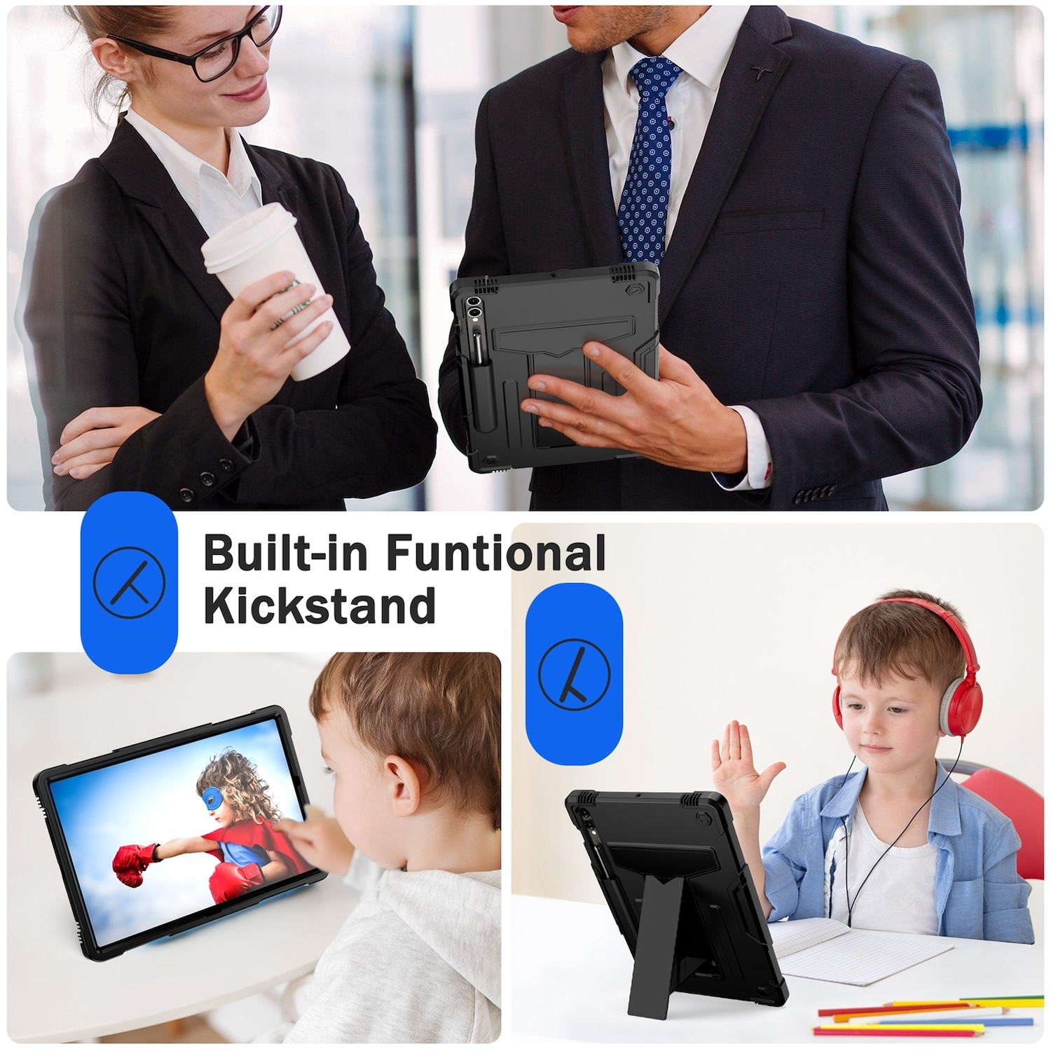 Personen mit Tablet und Hülle, die Nutzung und Ständerfunktion zeigen.