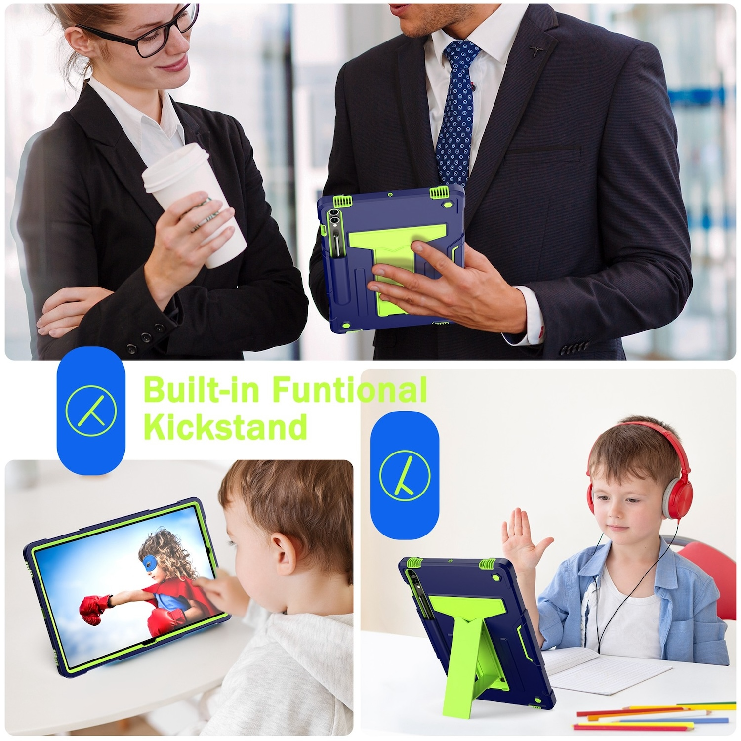 Eine Tablet-Hülle und ein Tablet in Gebrauch. Die Hülle ist blau und grün. Das Tablet zeigt eine Cartoon-Szene.