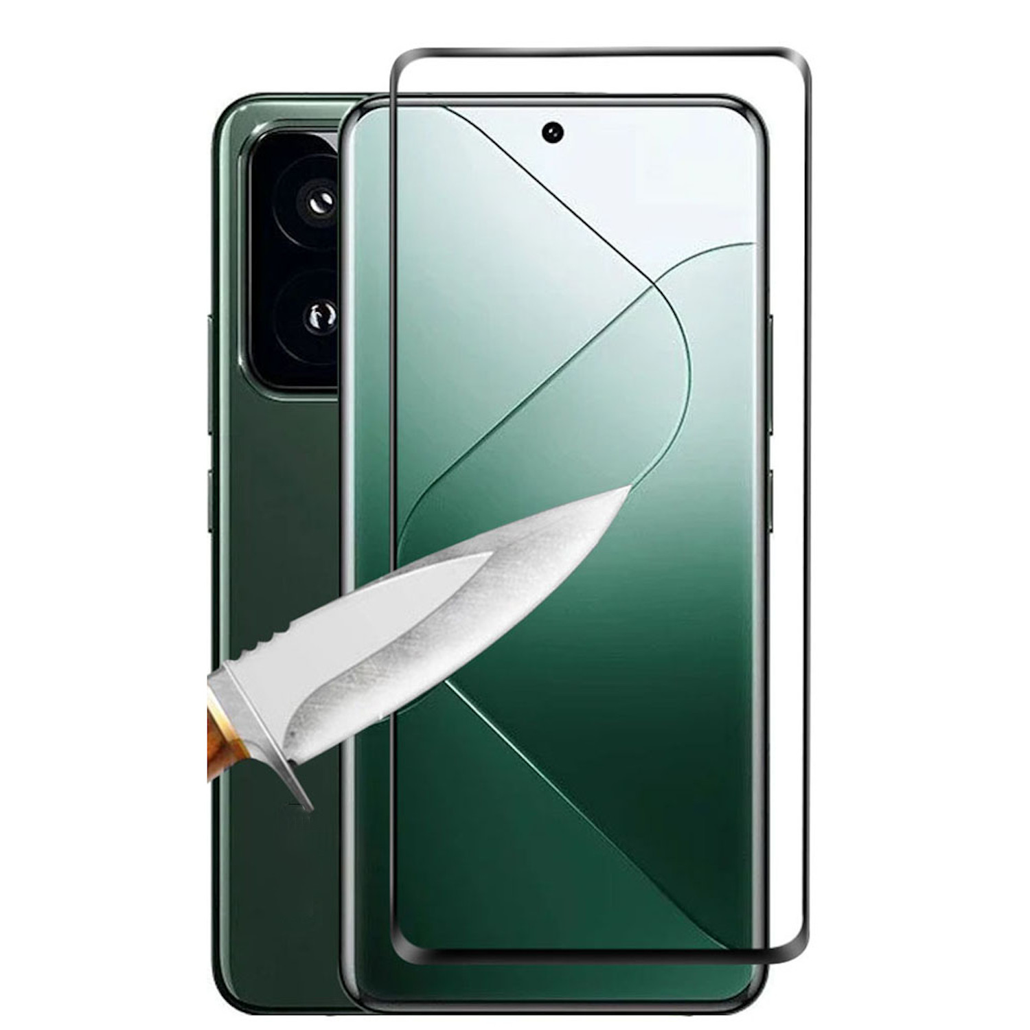 Un coltello taglia uno smartphone con una protezione schermo.