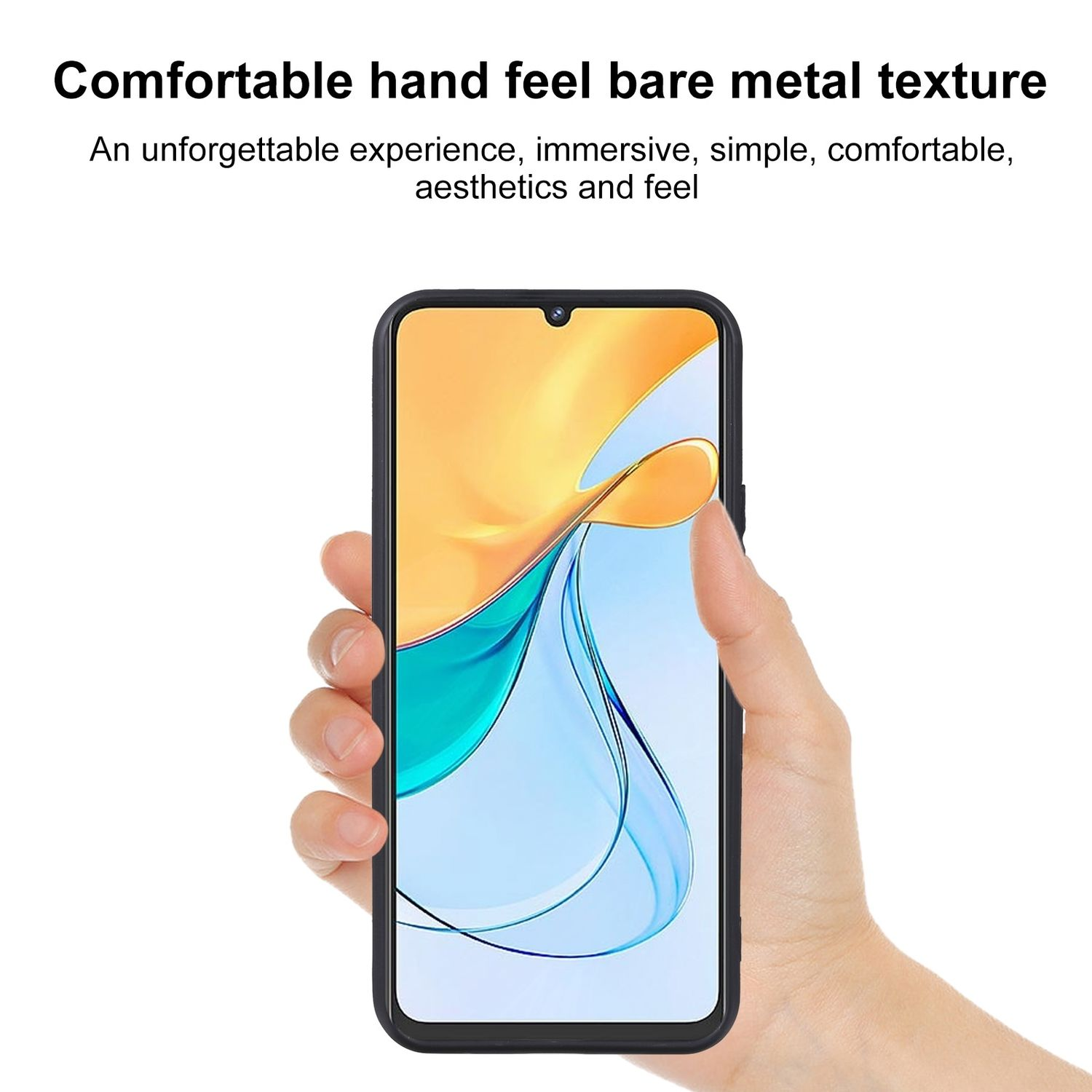 Eine Hand hält ein Telefon mit eingeschaltetem Bildschirm. Das Telefon ist schwarz mit einer Kamera. Weißer Hintergrund.