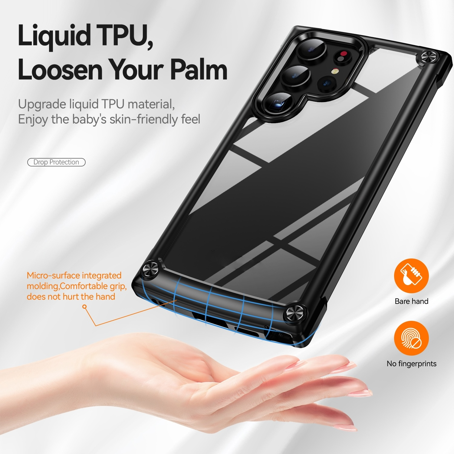 Telefon mit schwarzem Gehäuse, klarem Bildschirm und Text über flüssiges TPU-Material.