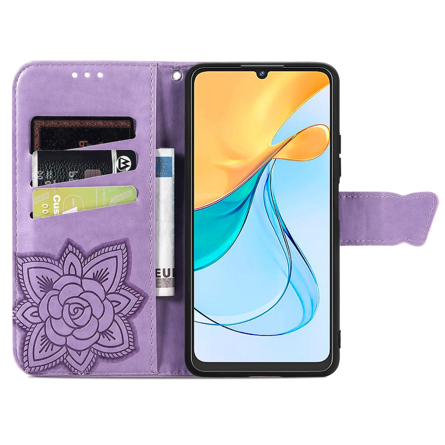Ein Telefonetui mit Karten und Bargeld, mit einem Telefon, in Lila. Eine Blume ist auf dem Etui geprägt.