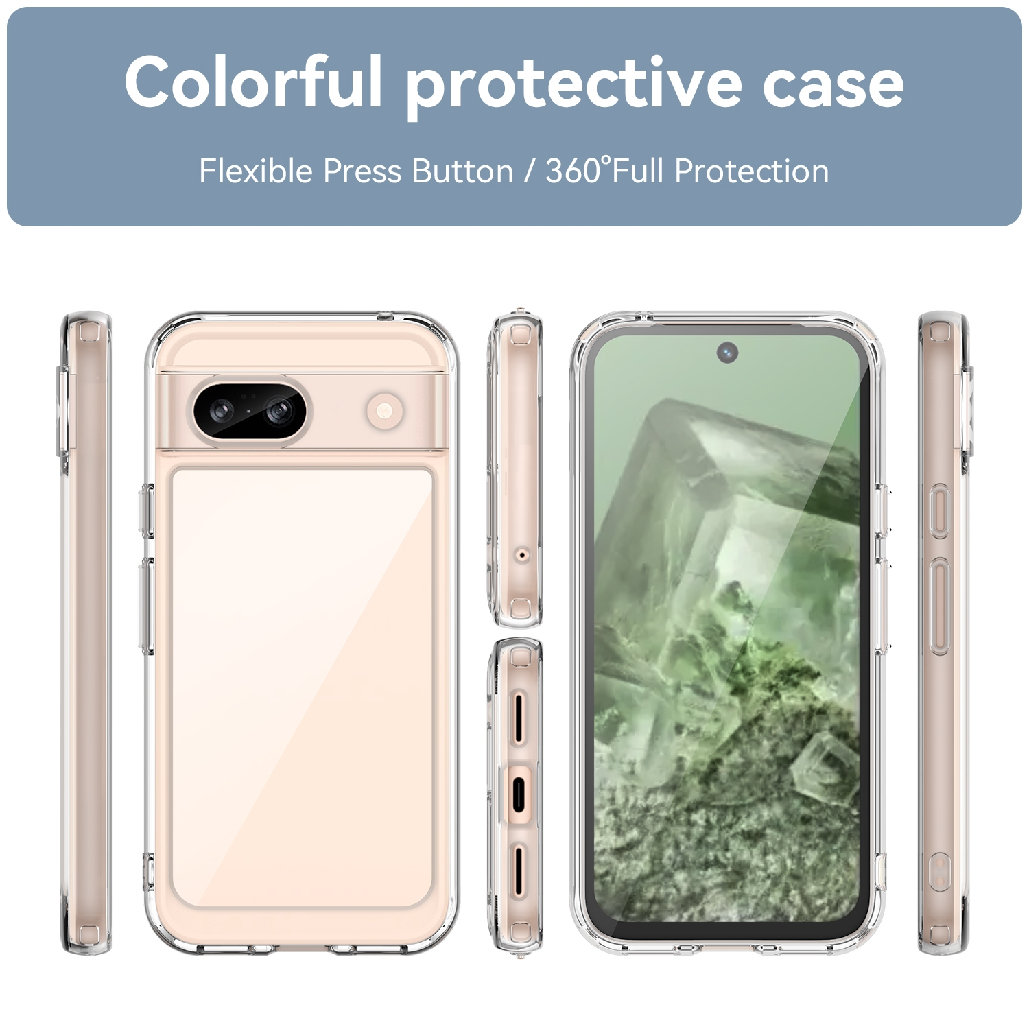 Eine Handyhülle mit einem Telefon darin. Mehrere Ansichten zeigen die Hülle und das Telefon. Hülle ist transparent mit heller Farbe.