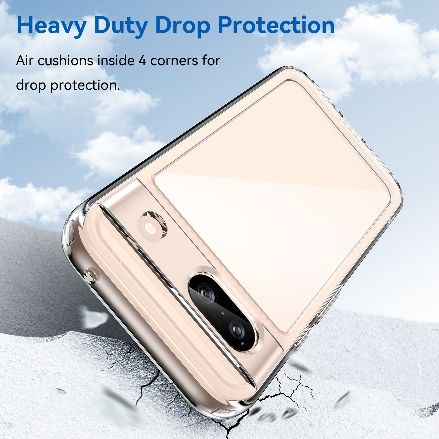 Handyhülle mit durchsichtigem Rücken. Text: Heavy Duty Drop Protection.