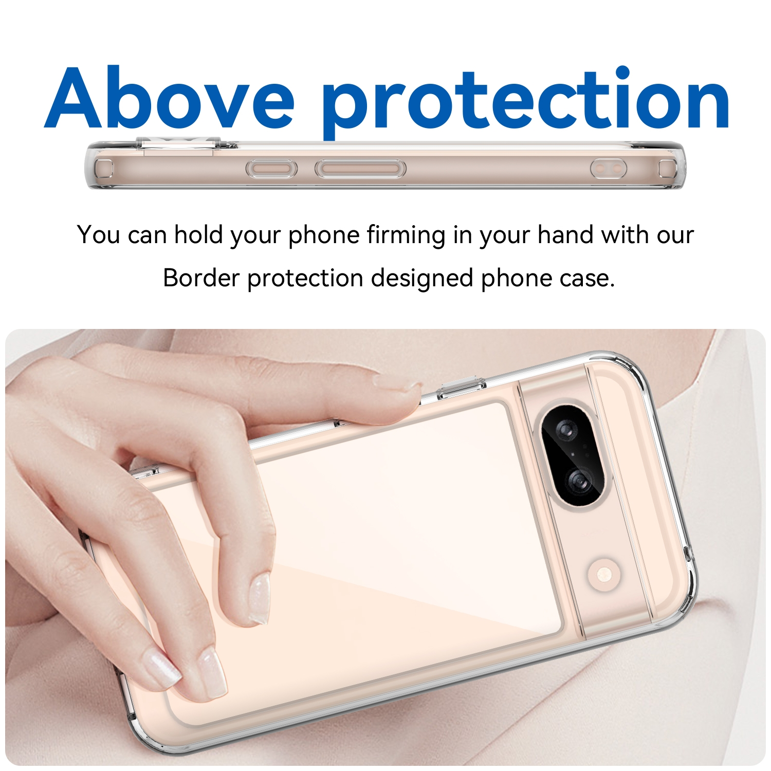 Hand, die ein Telefon mit einer durchsichtigen Schutzhülle hält.