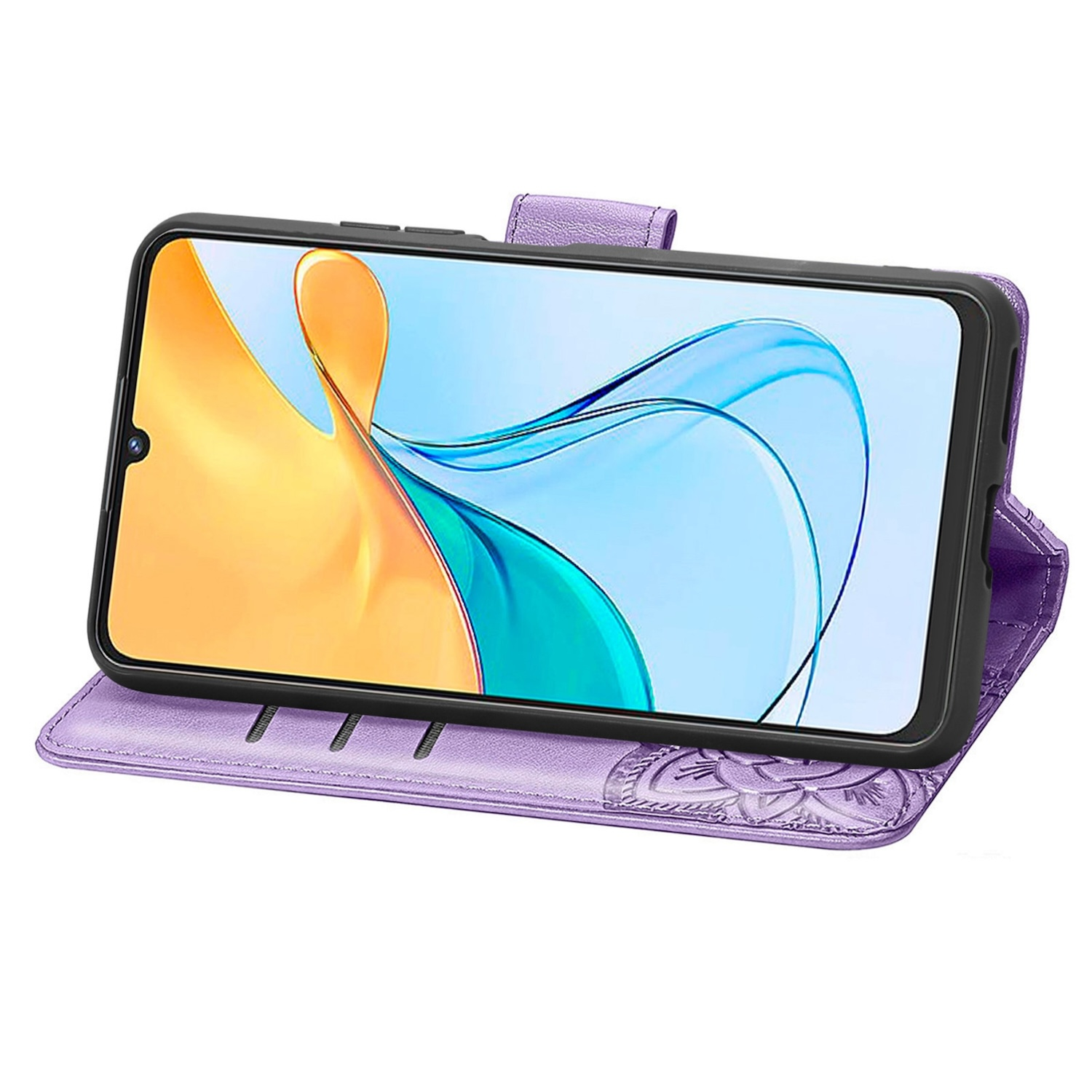 Ein Telefon in einer violetten Hülle mit Blumenmuster, das ein farbenfrohes abstraktes Design auf dem Bildschirm zeigt.