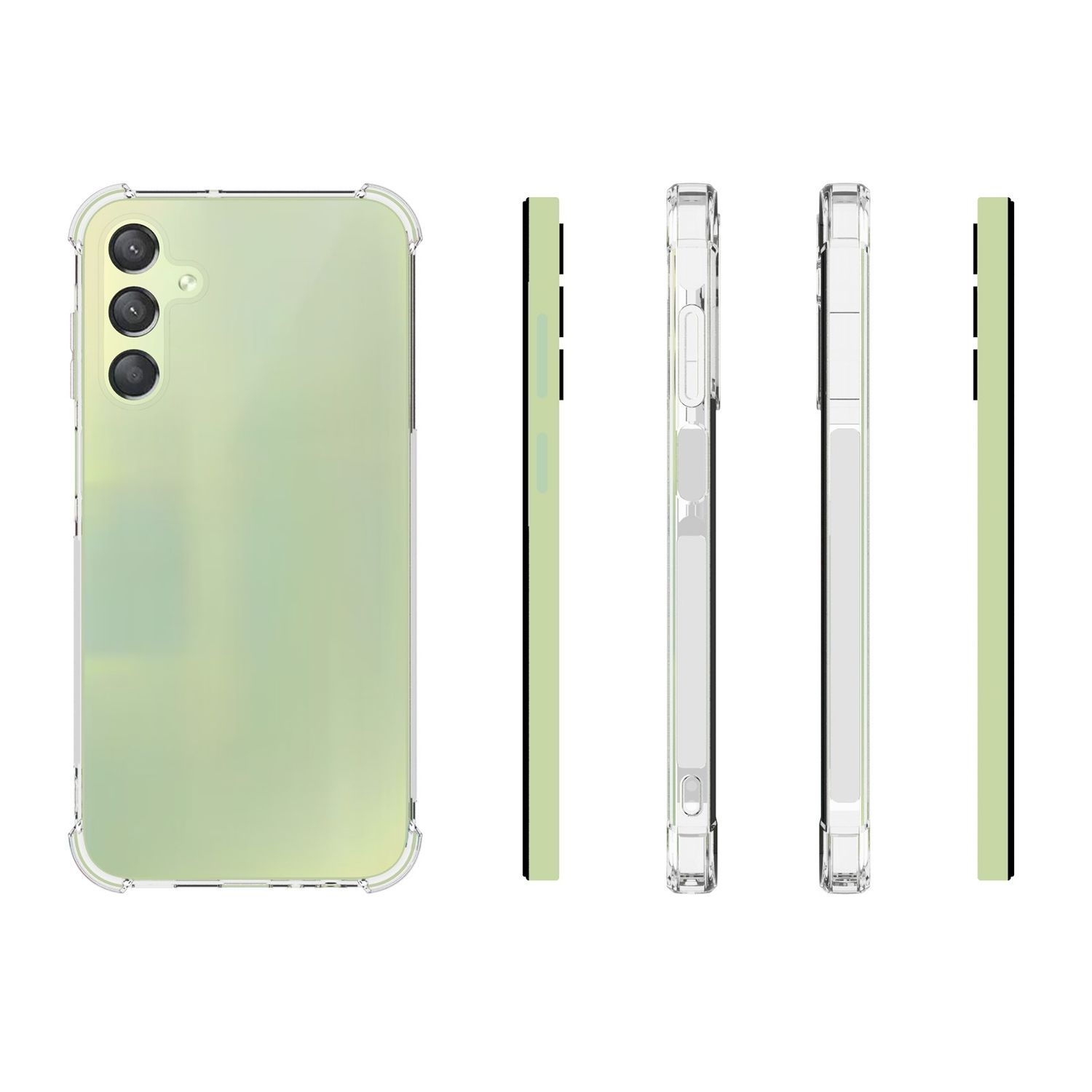 Telefon mit transparenter Hülle. Mehrere Ansichten des Telefons, Seiten und Rückseite.