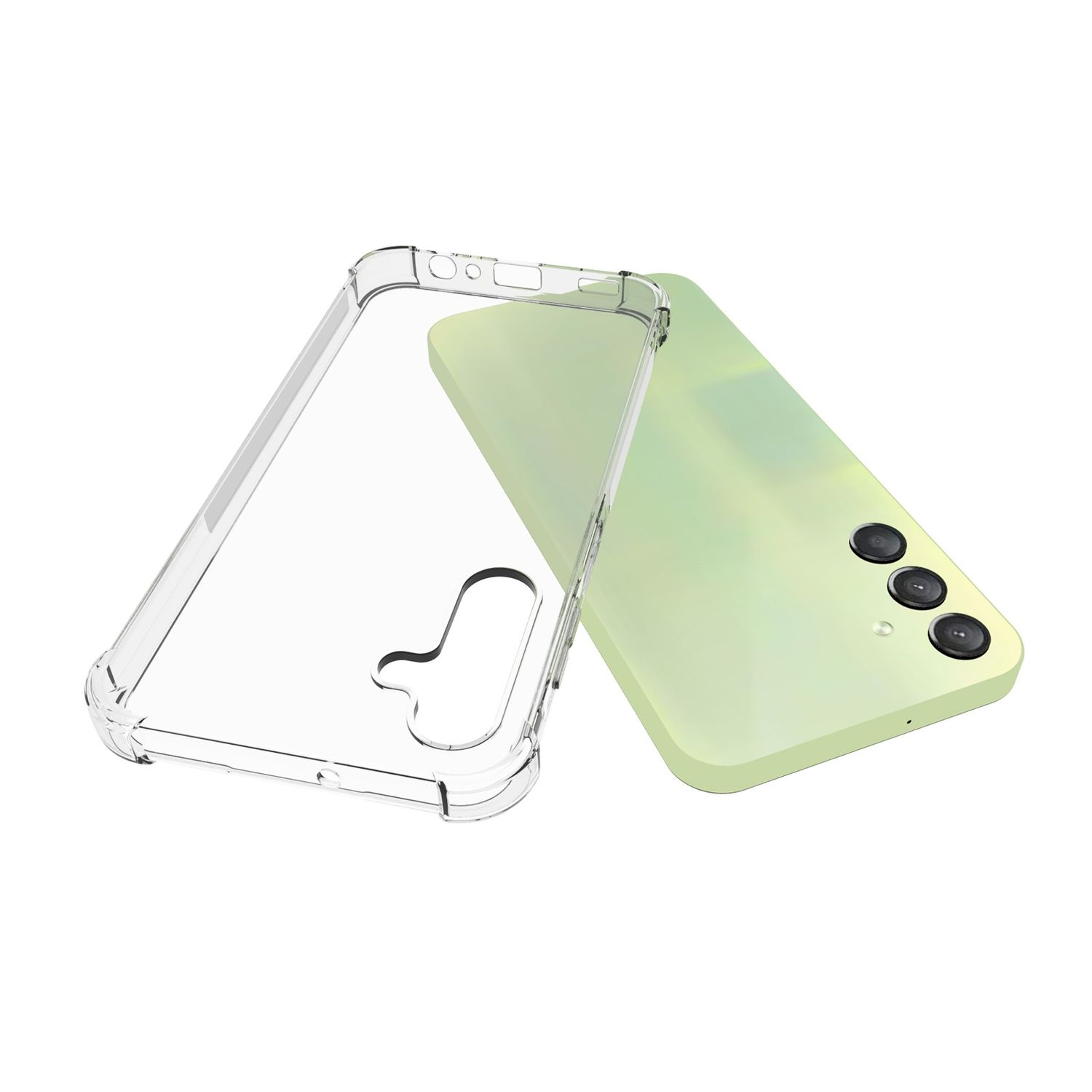 Eine Handyhülle mit einem Handy darin. Hülle ist klar, Handy ist grün.
