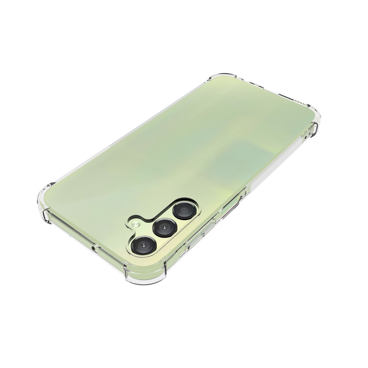 Eine transparente Handyhülle auf einem grünen Telefon. Die Hülle bedeckt die Rückseite des Telefons.