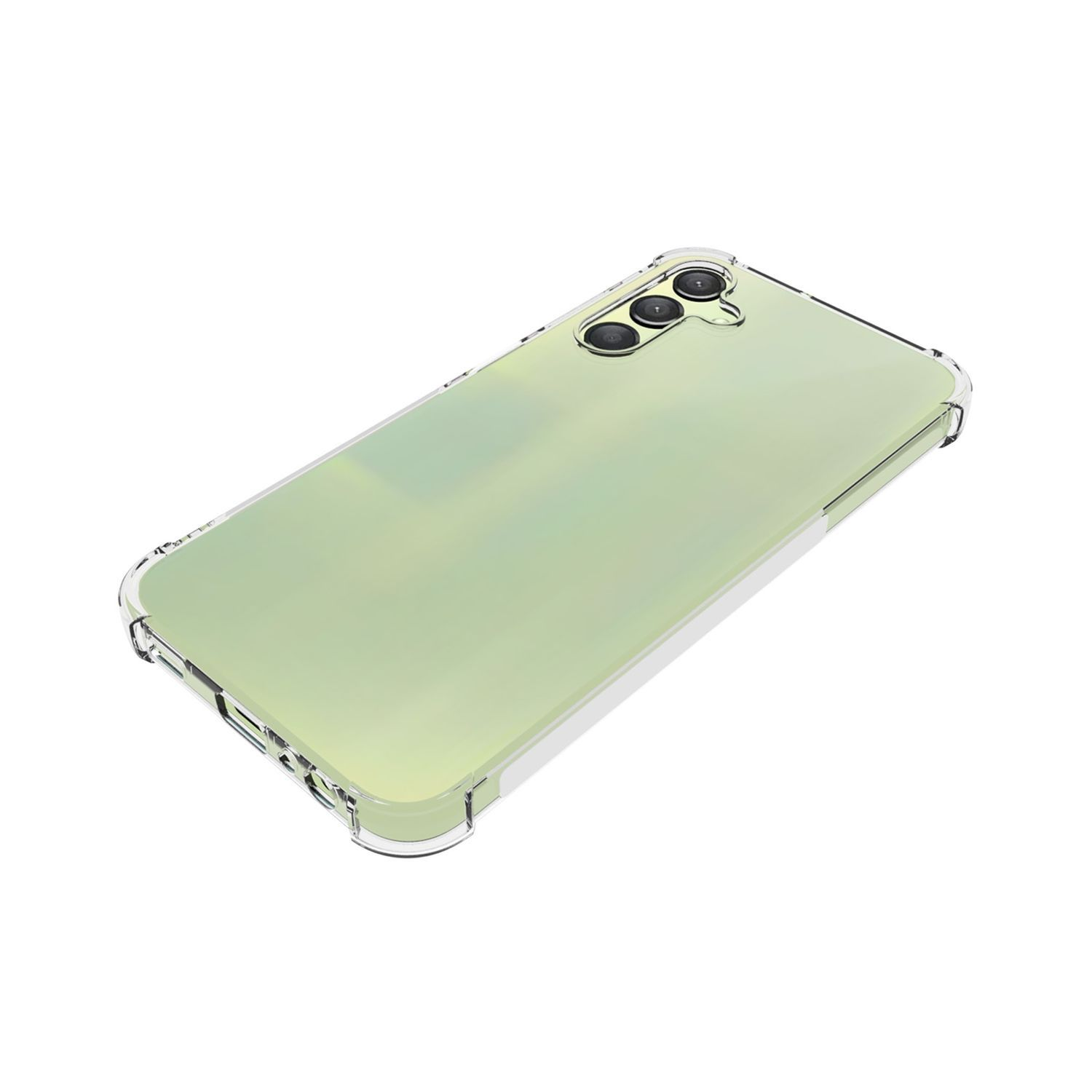 Eine transparente Handyhülle mit einem hellgrünen Telefon darin. Die Hülle ist abgewinkelt, die Kamera sichtbar.