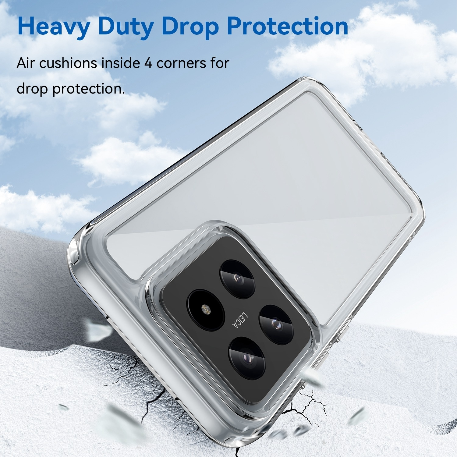 Telefon mit klarer Hülle auf Steinoberfläche, mit Text, der Heavy Duty Drop Protection sagt.