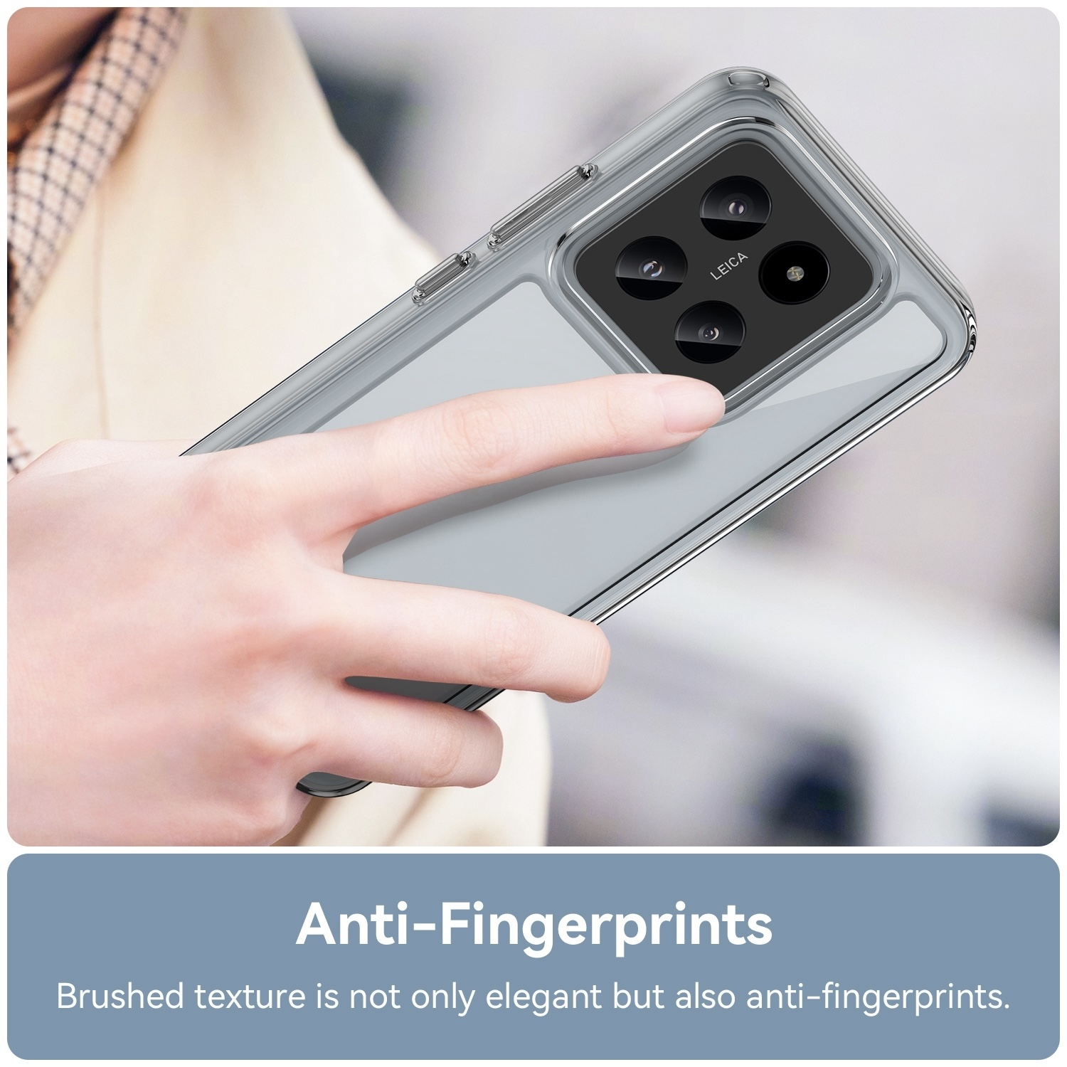 Eine Handyhülle in einer Hand. Text: Anti-Fingerprints. Gebürstete Textur ist anti-Fingerprints.