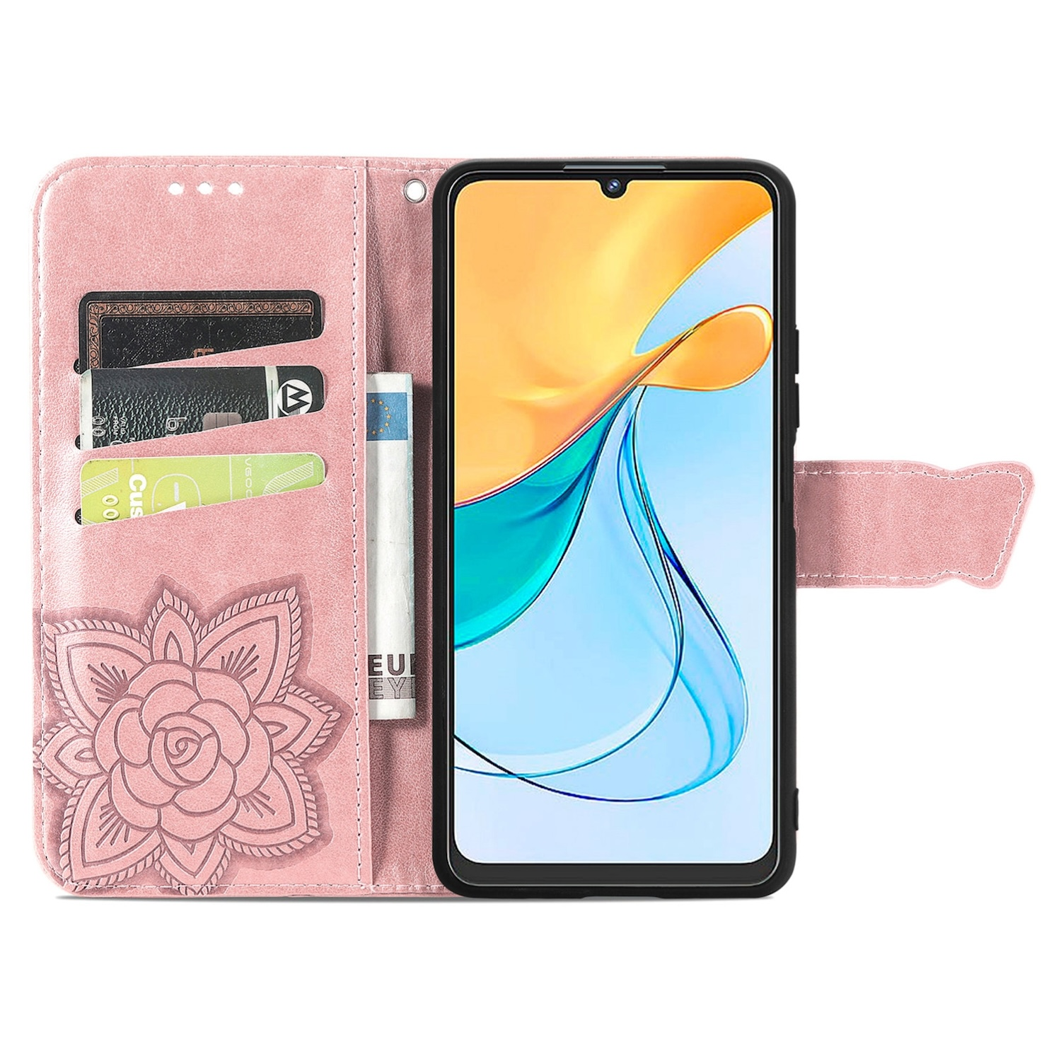 Offene rosa Handyhülle mit Telefon. Es gibt Kartenfächer und ein Blumendesign.
