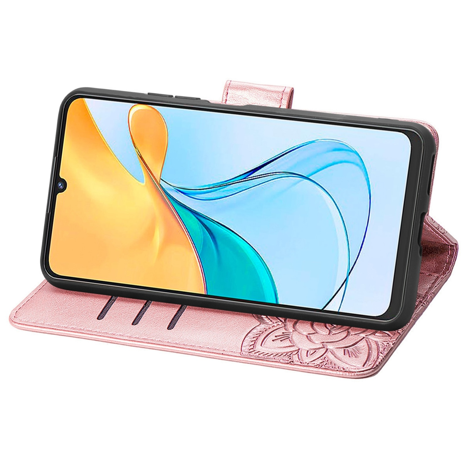 Ein Telefon in einer rosa Hülle mit Blumenmuster, das ein farbenfrohes abstraktes Design auf dem Bildschirm zeigt.