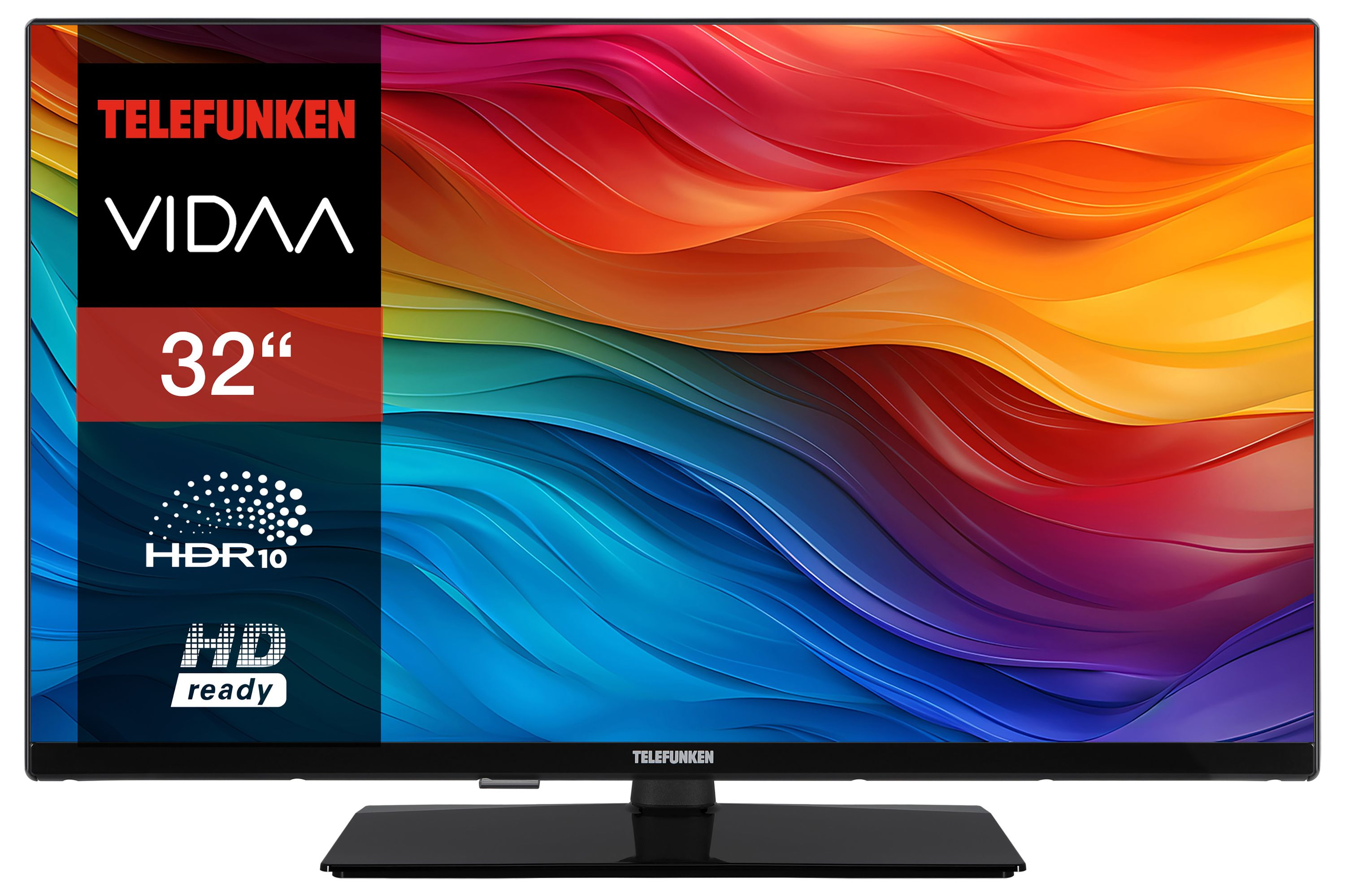 Un téléviseur Telefunken Vidaa de 32 pouces affiche un écran coloré.
