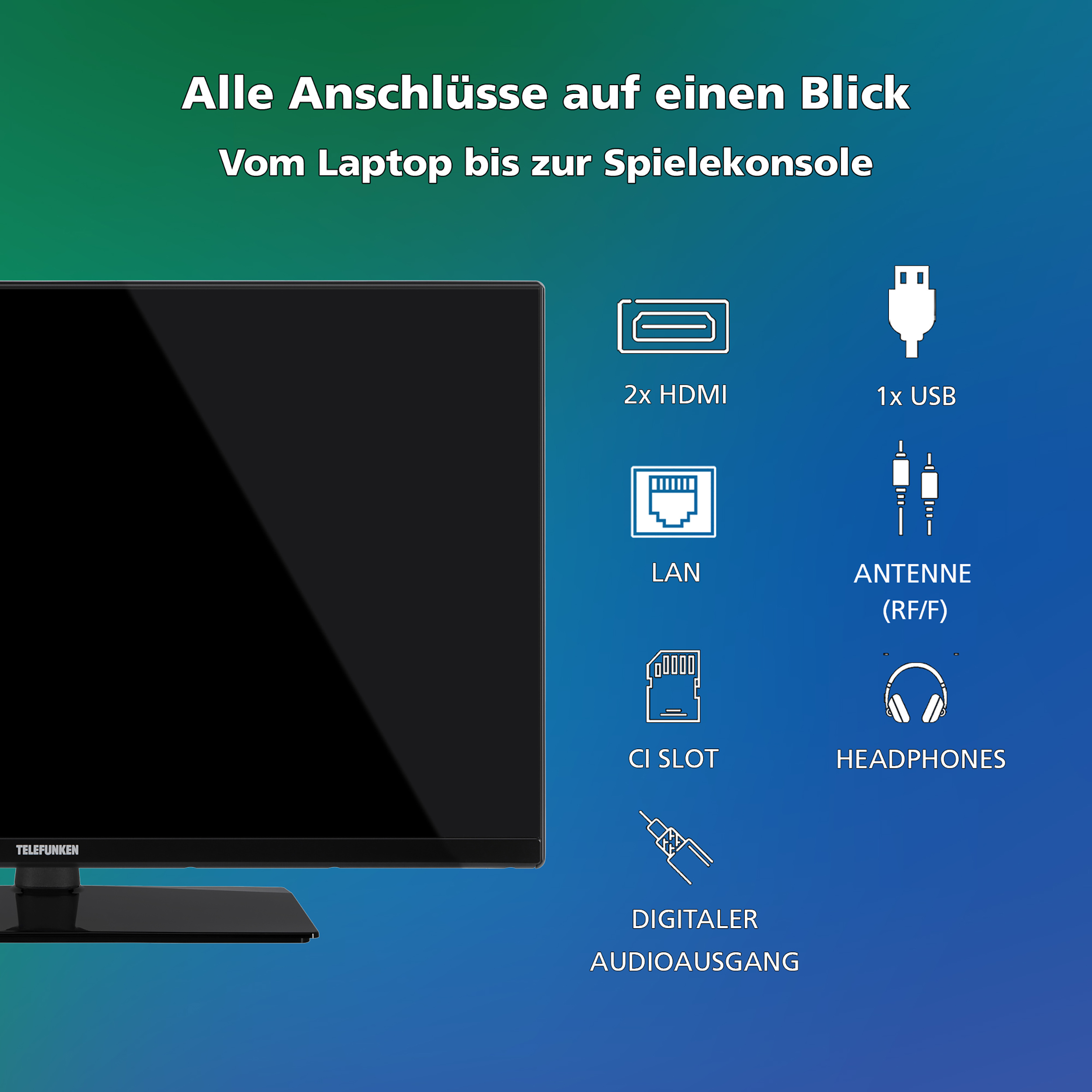 TV avec ports HDMI, USB, LAN, antenne, slot CI, sortie audio numérique et casque.