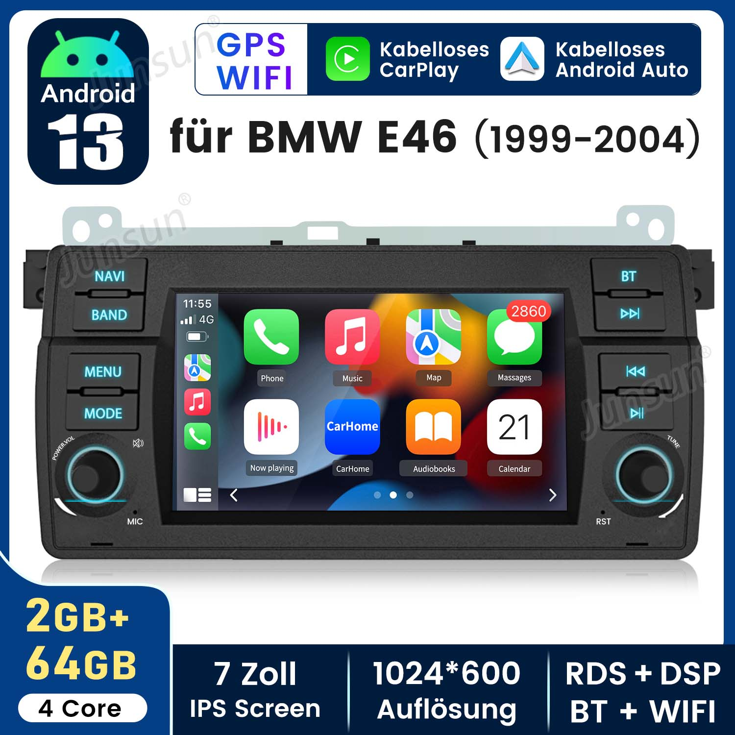 Autoradio mit Bildschirm, Android 13-Logo und verschiedenen Funktionstasten.