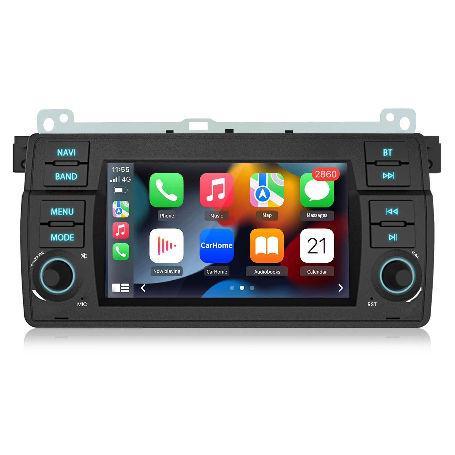 Autoradio mit Touchscreen, der App-Symbole und Tasten anzeigt. Es hat einen schwarzen Rahmen und ist silber.
