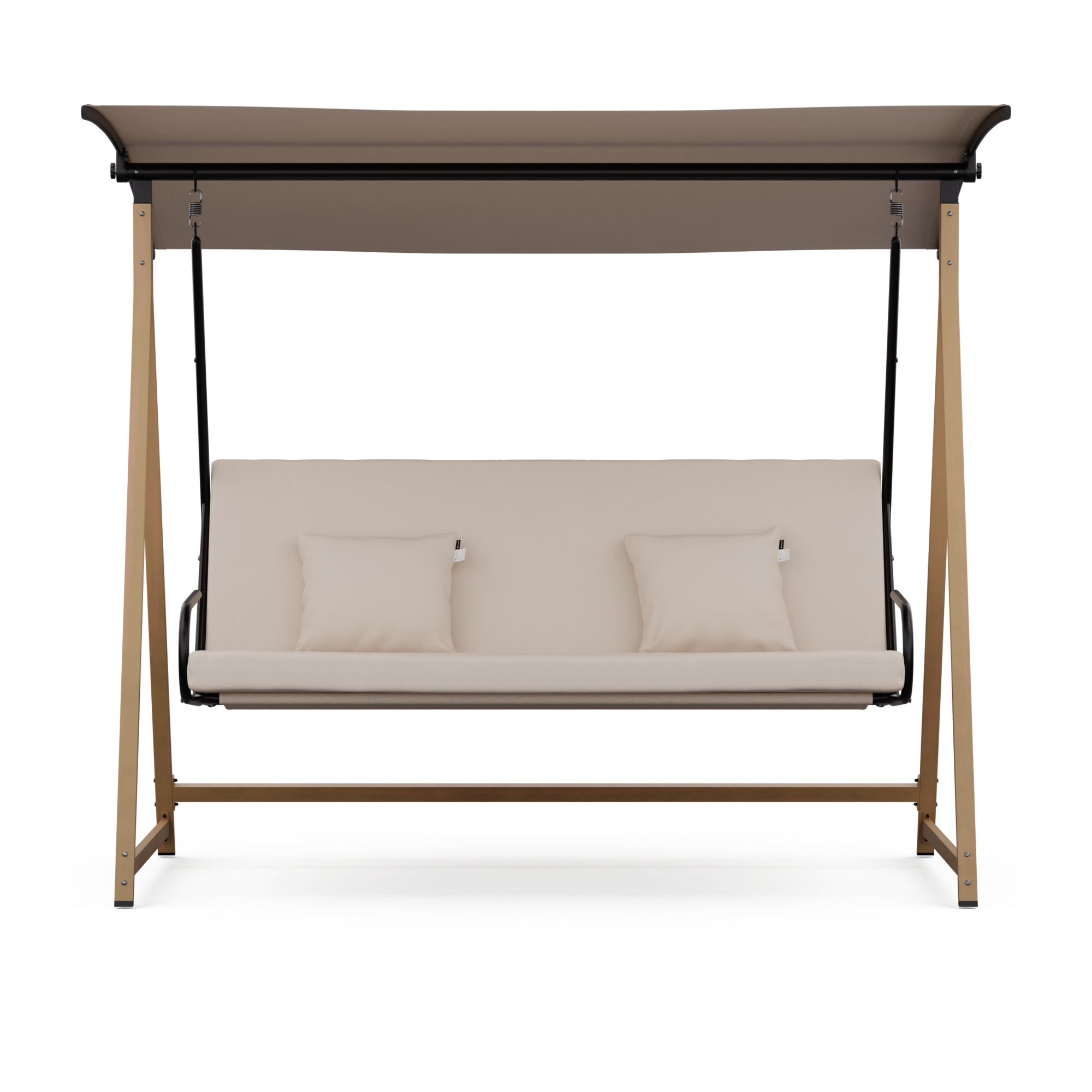 Eine beige Schaukel mit braunem Rahmen und Baldachin. Zwei Kissen auf dem Sitz.