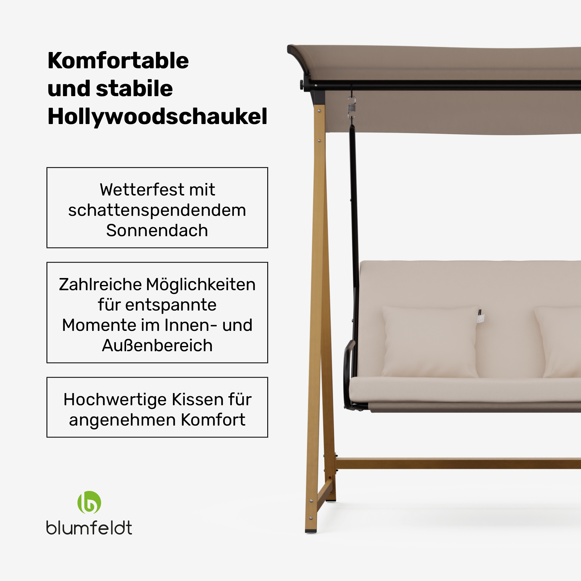 Gartenschaukel mit Text. Beige Schaukel mit braunem Rahmen und Texten: wetterfest, Entspannung und Komfort.