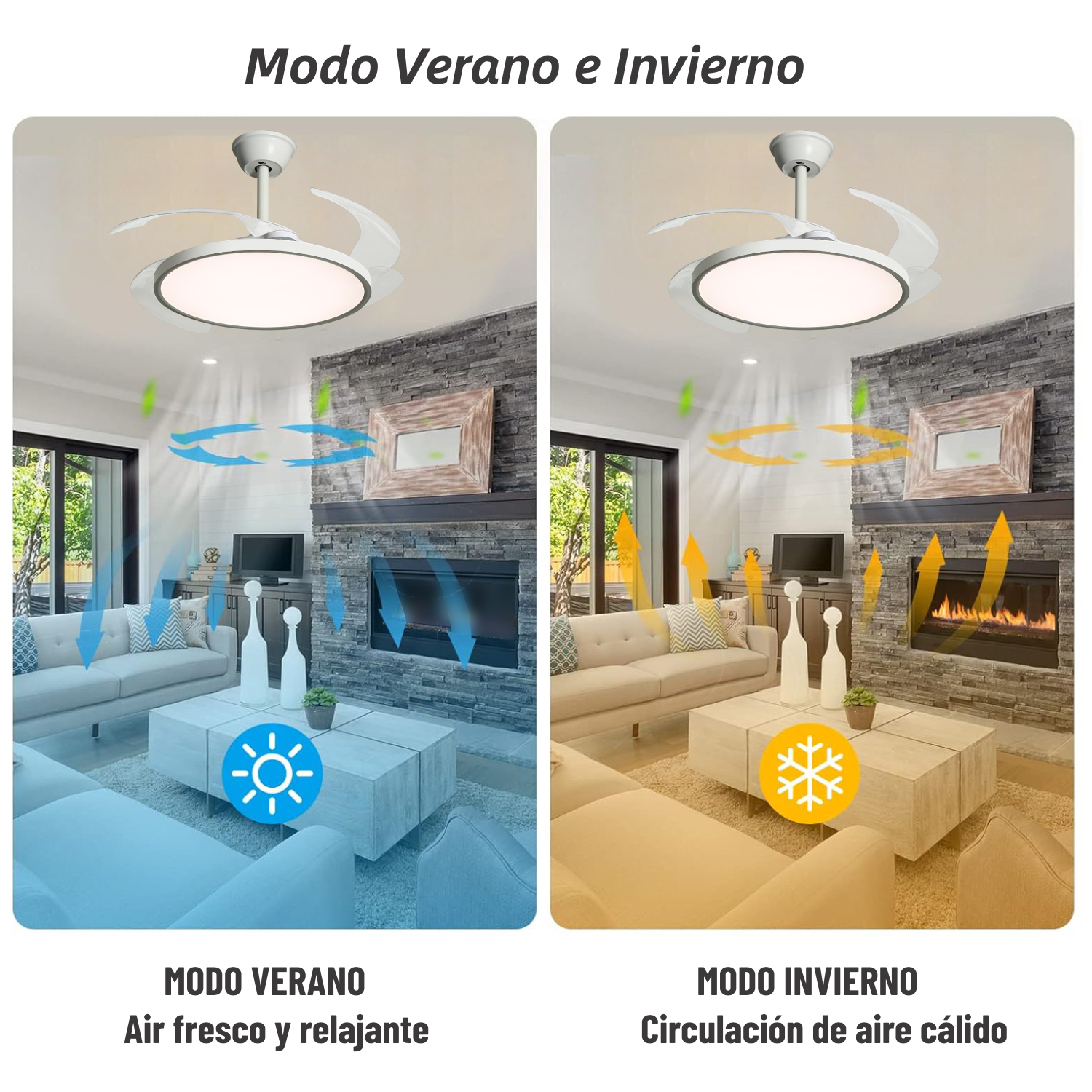 Dos imágenes de un ventilador de techo, una en modo verano y otra en modo invierno, que muestran las direcciones del flujo de aire.