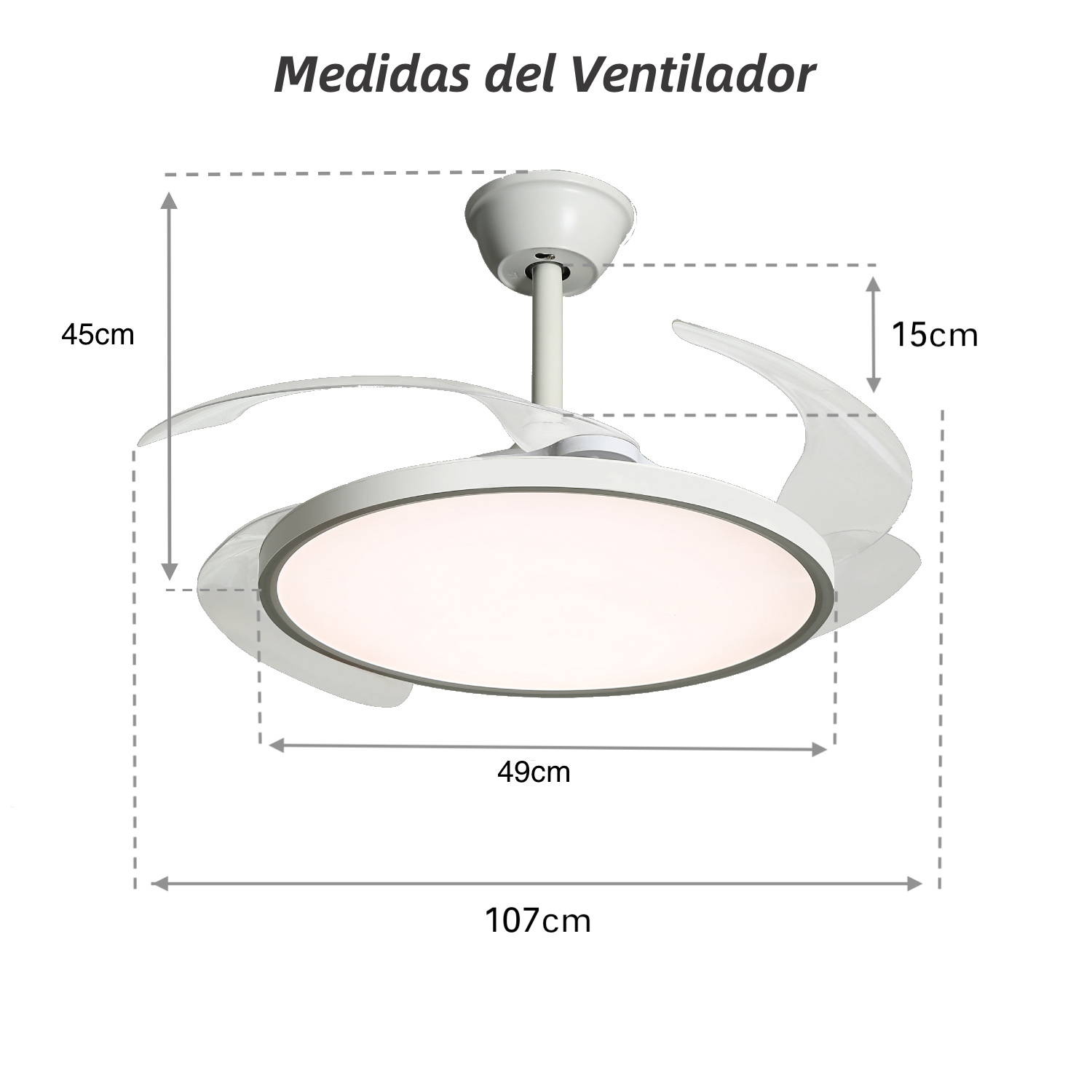 Ventilador de techo blanco con dimensiones etiquetadas en español. Fondo blanco.