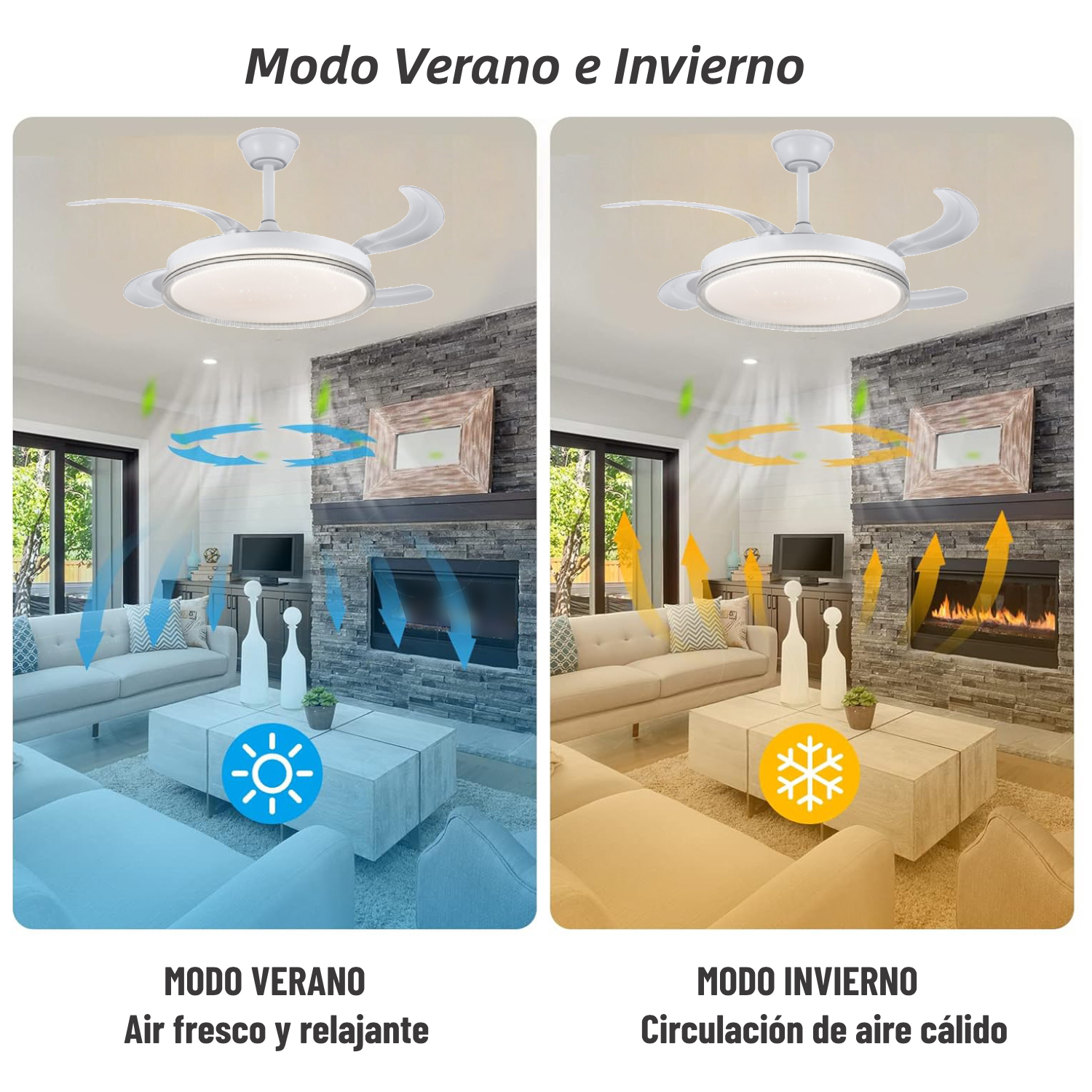 Ventilador de techo mostrando modos verano e invierno. Aspas y una luz central. Interior del hogar.