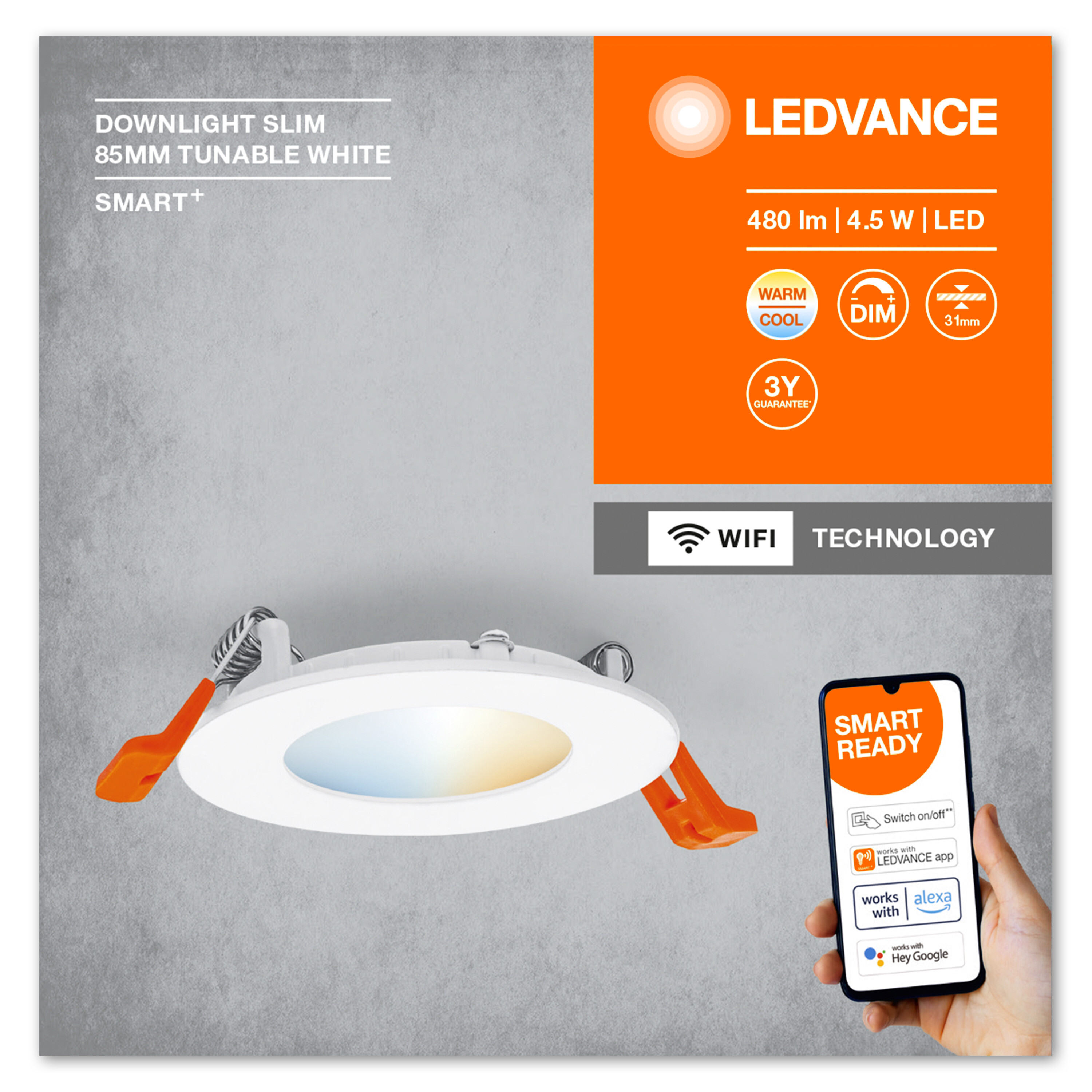 LEDVANCE Armatuur: voor plafond, SMART RECESS SLIM DOWNLIGHT TW / 4,50 W, 220...240 V, stralingshoek: 110, Tunable White, 3000...6500 K, materiaal: kunststof, IP20, 1 Stuk
