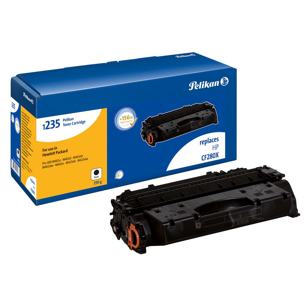 Scatola e cartuccia toner Pelikan. Scatola blu. Cartuccia nera con dettagli arancioni.