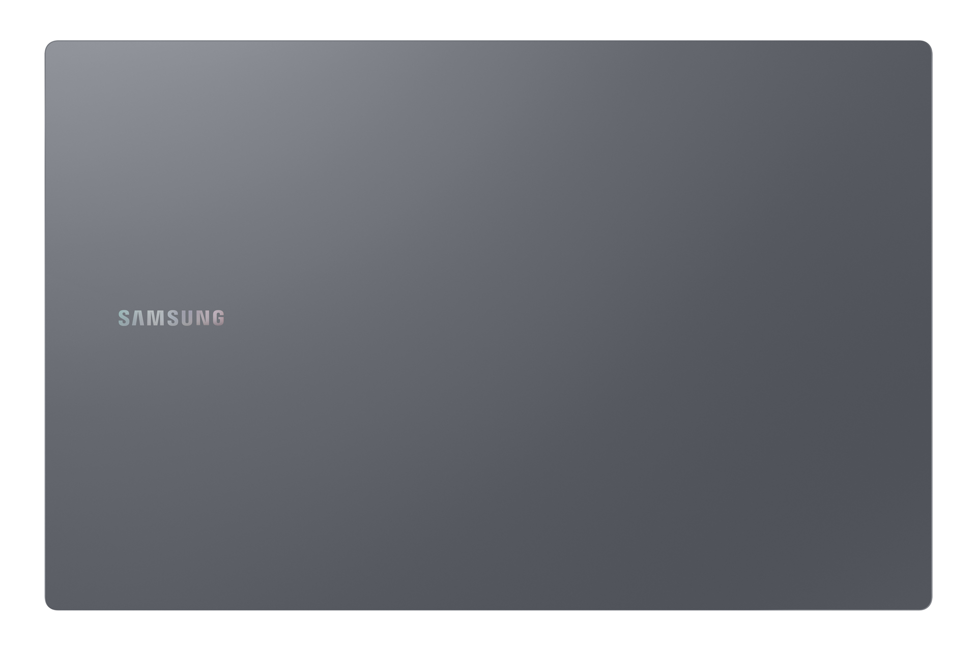 Coperchio del laptop grigio scuro con logo Samsung al centro, su sfondo bianco.