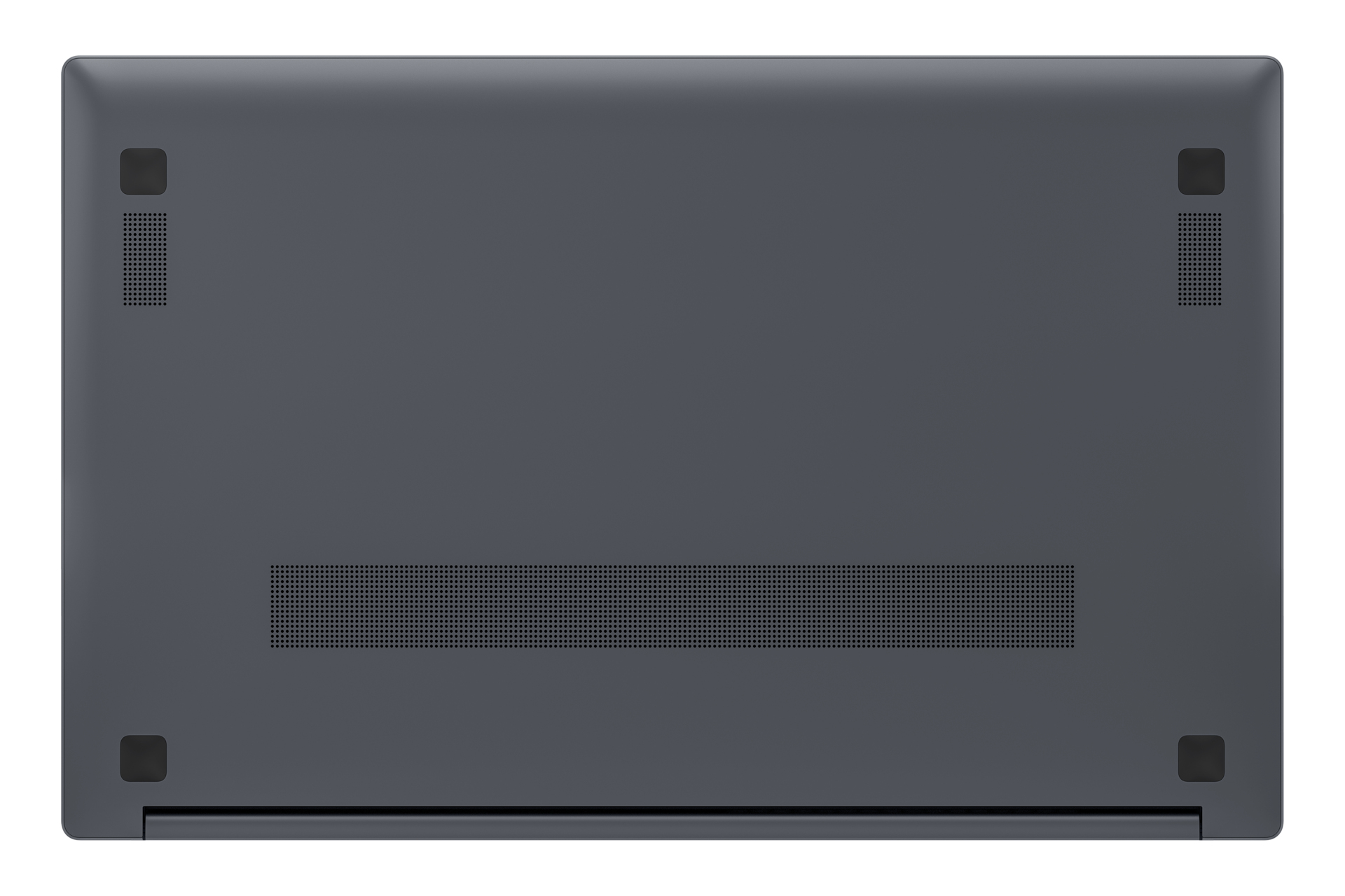 Vista inferiore del laptop, grigio scuro. Griglie degli altoparlanti, prese d'aria e piedini in gomma.