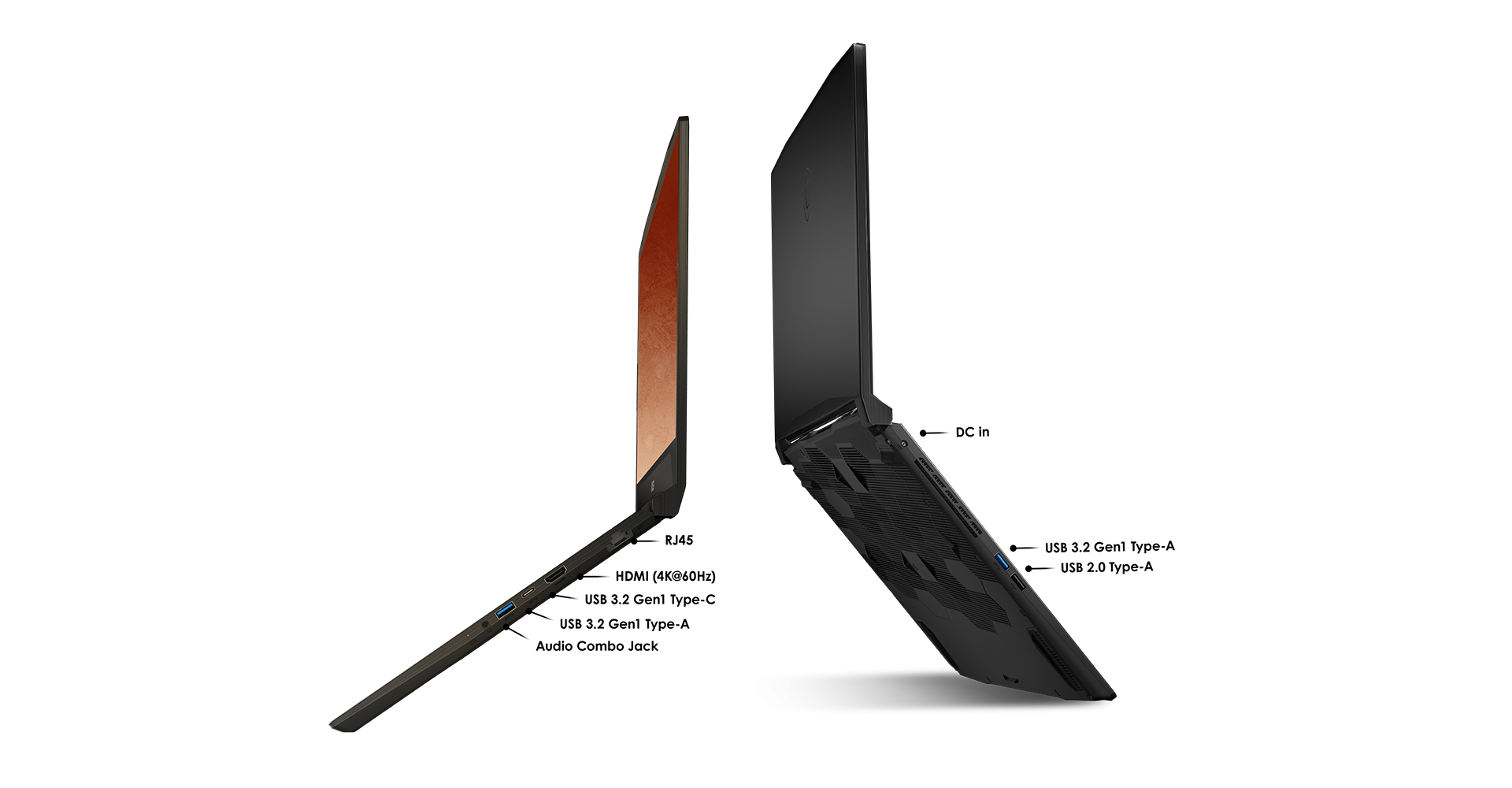 Dwa laptopy obok siebie, pokazujące porty i funkcje. Jeden z otwartym ekranem, drugi zamknięty.