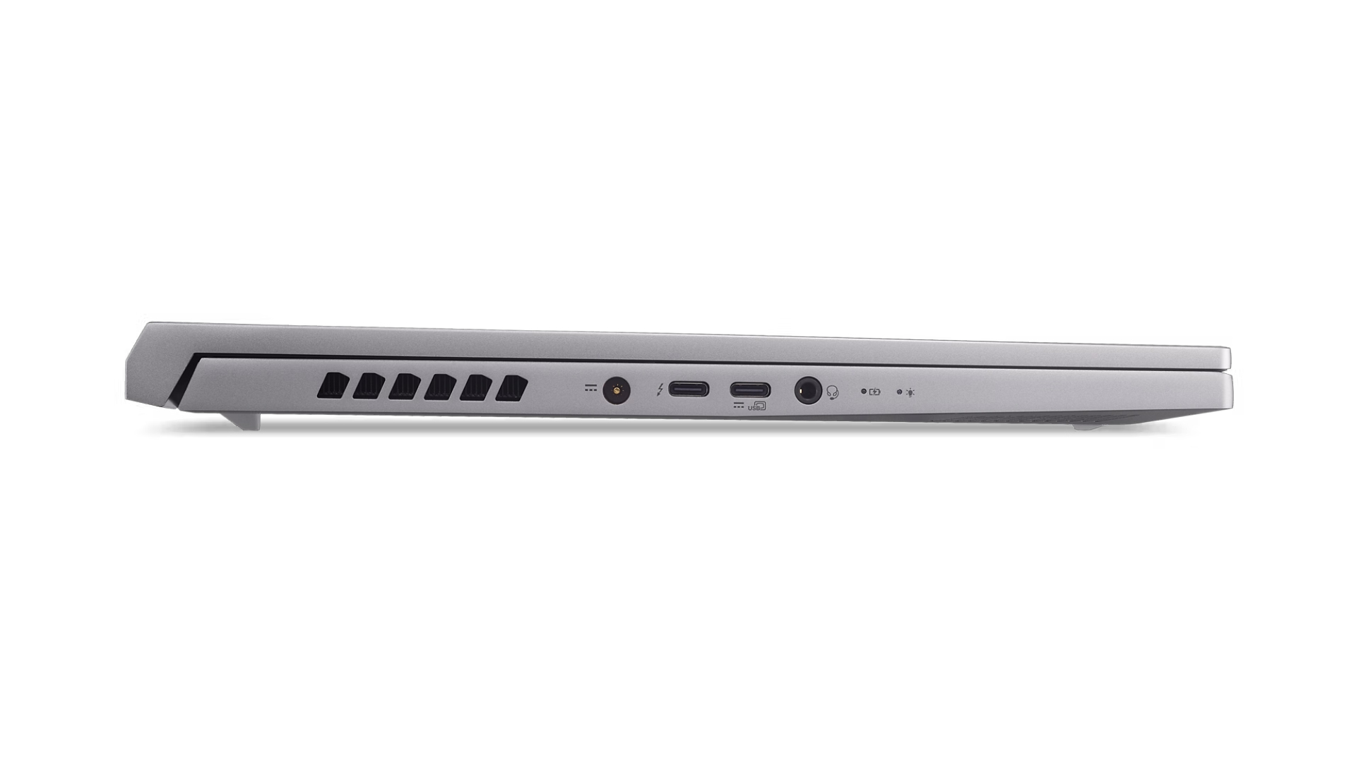 Vista laterale di un laptop argentato chiuso con porte.