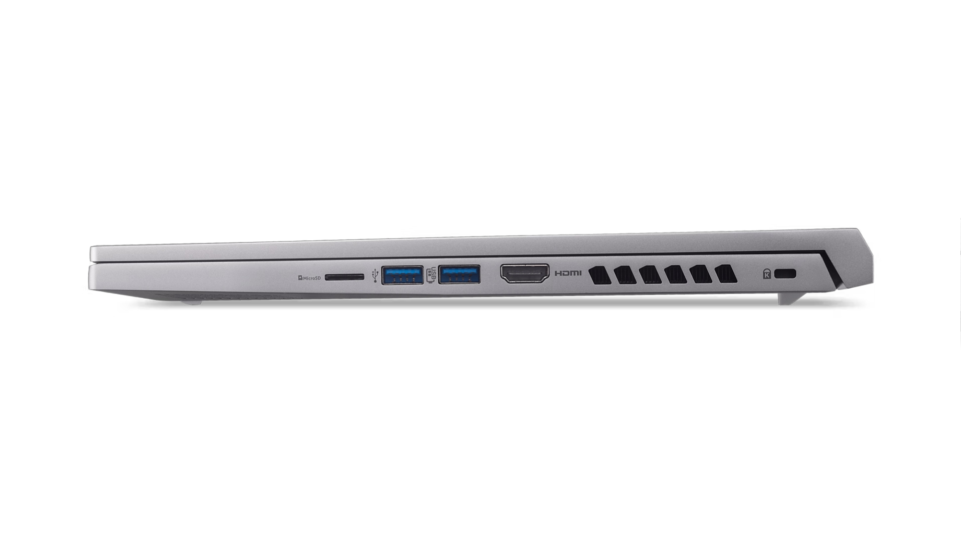 Vista laterale di un laptop grigio con porte. Prese d'aria nere sul lato destro.
