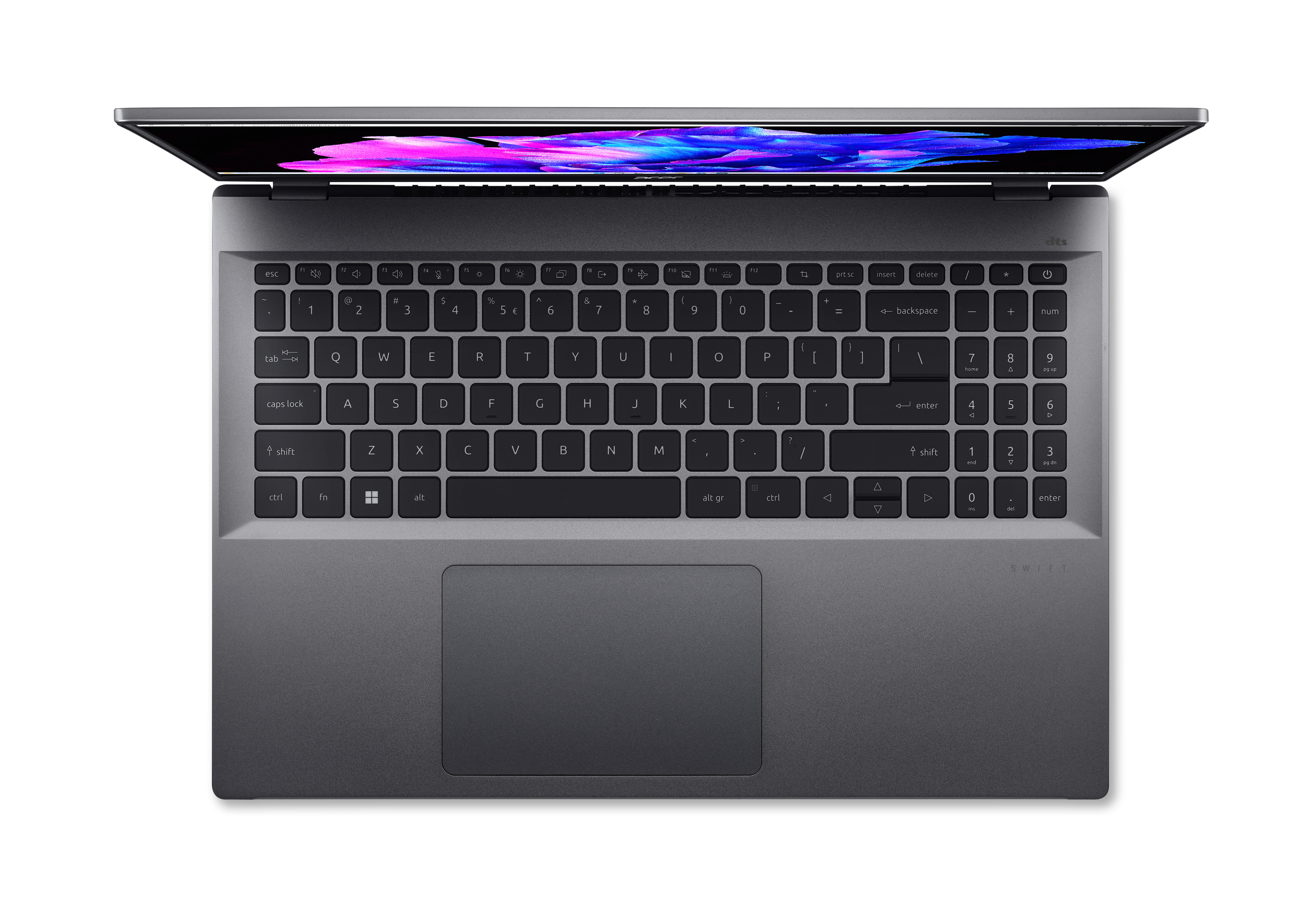 Laptop con tastiera visibile dall'alto, schermo aperto, su sfondo bianco.