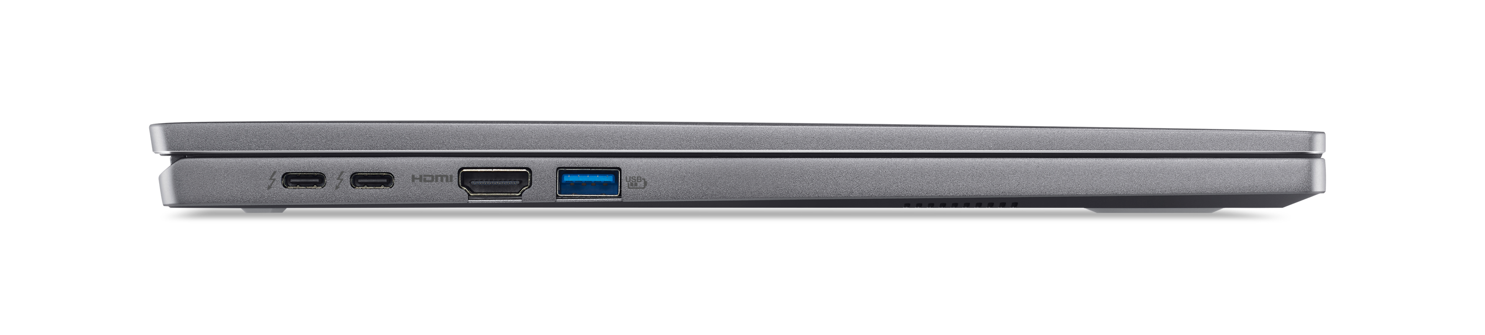 Vista laterale di un laptop argentato che mostra le porte: Thunderbolt, USB, HDMI e USB 3.0.