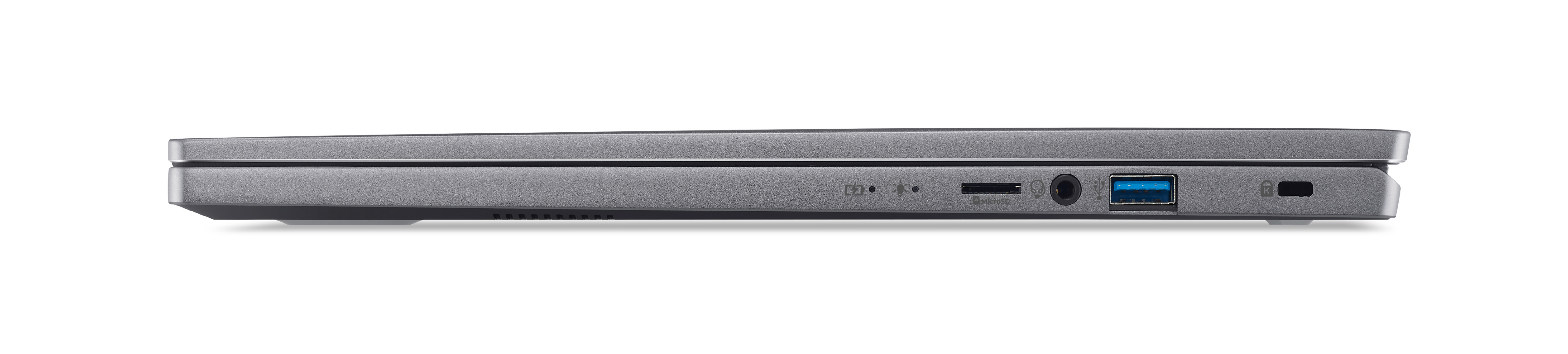 Vista laterale di un laptop grigio chiuso, con porte e pulsante di accensione.